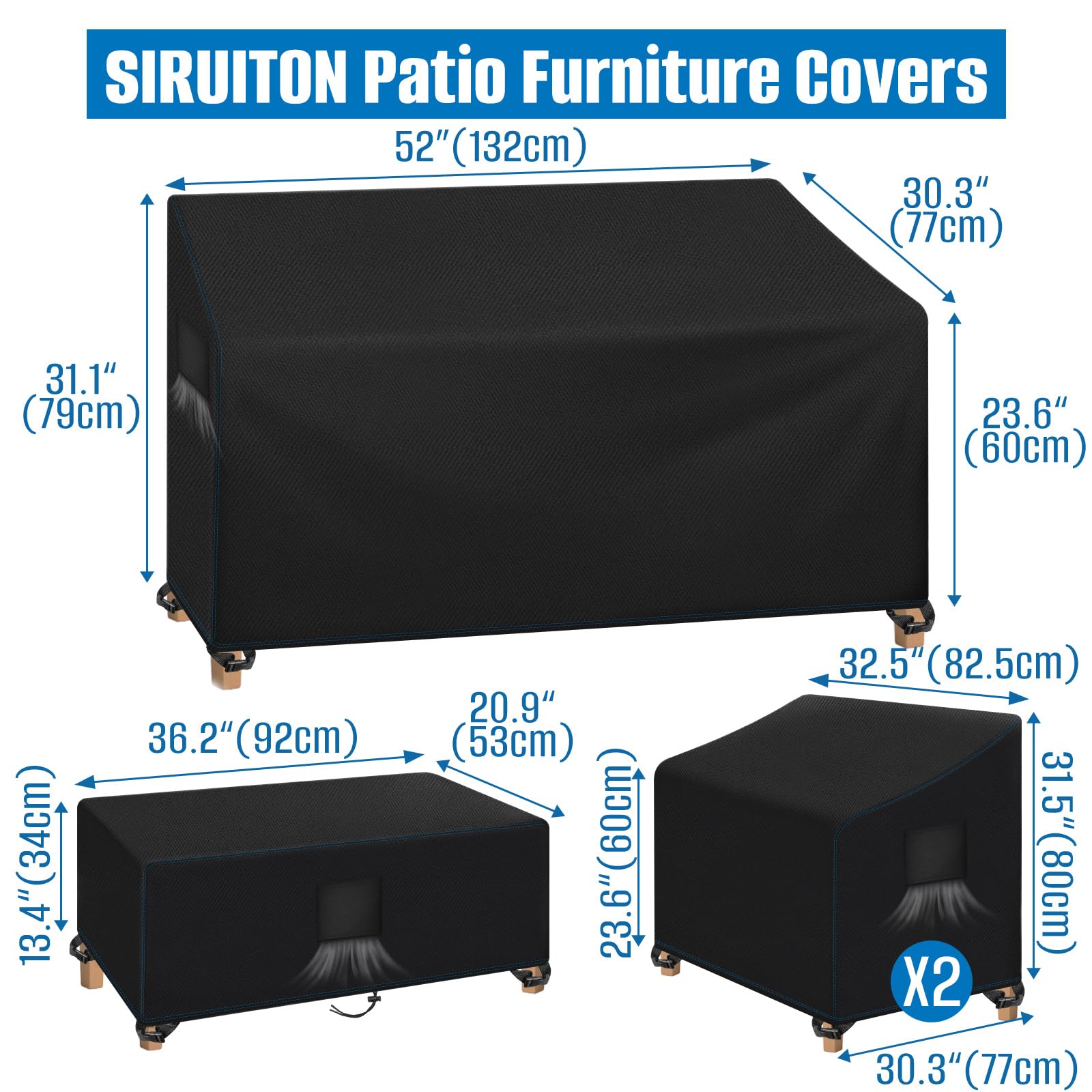 SIRUITON Juego de 4 Fundas para Muebles de Exterior 210D, Fundas Resistentes para Terraza, Set para Jardín/Veranda, Funda Impermeable para Banco (Negro)