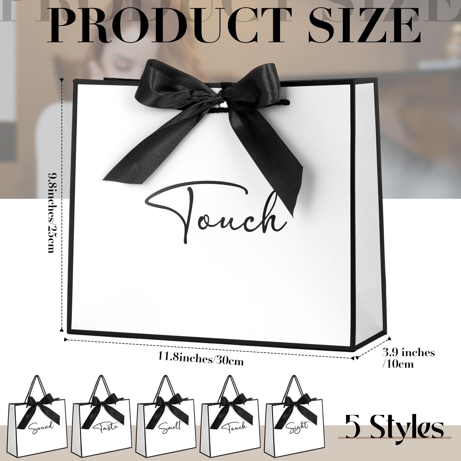 Sweetude 5 Pcs Senses Gift Bags for Him and Her 11.8 x 9.8x 3.9'' Elegant Thank You Paper Gift Bags with Handles and Bow Ribbon for Wedding Bridesmaid Groomsmen Gifts Birthday Baby Shower(White)