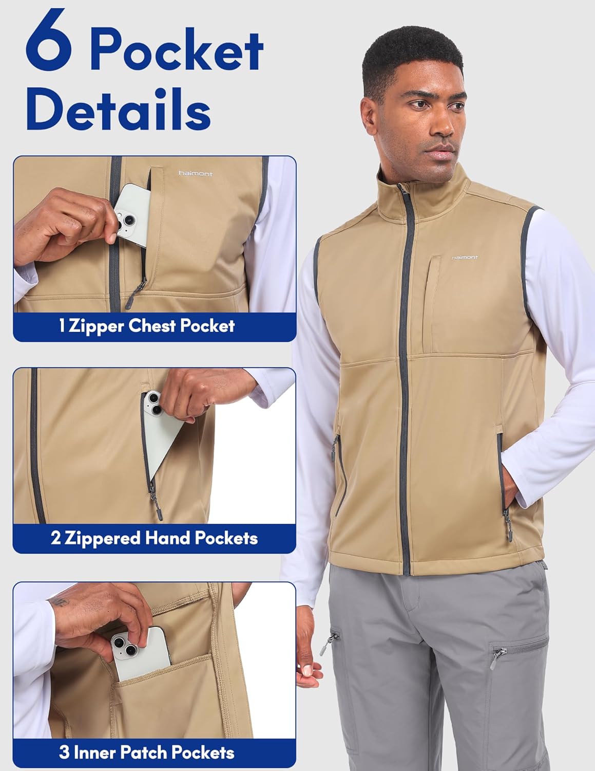 Haimont Men's Lightweight Vest Windproof Sleeveless Jacket Outerwear Multi-Pockets Zip Up for Hiking Running - Image 2