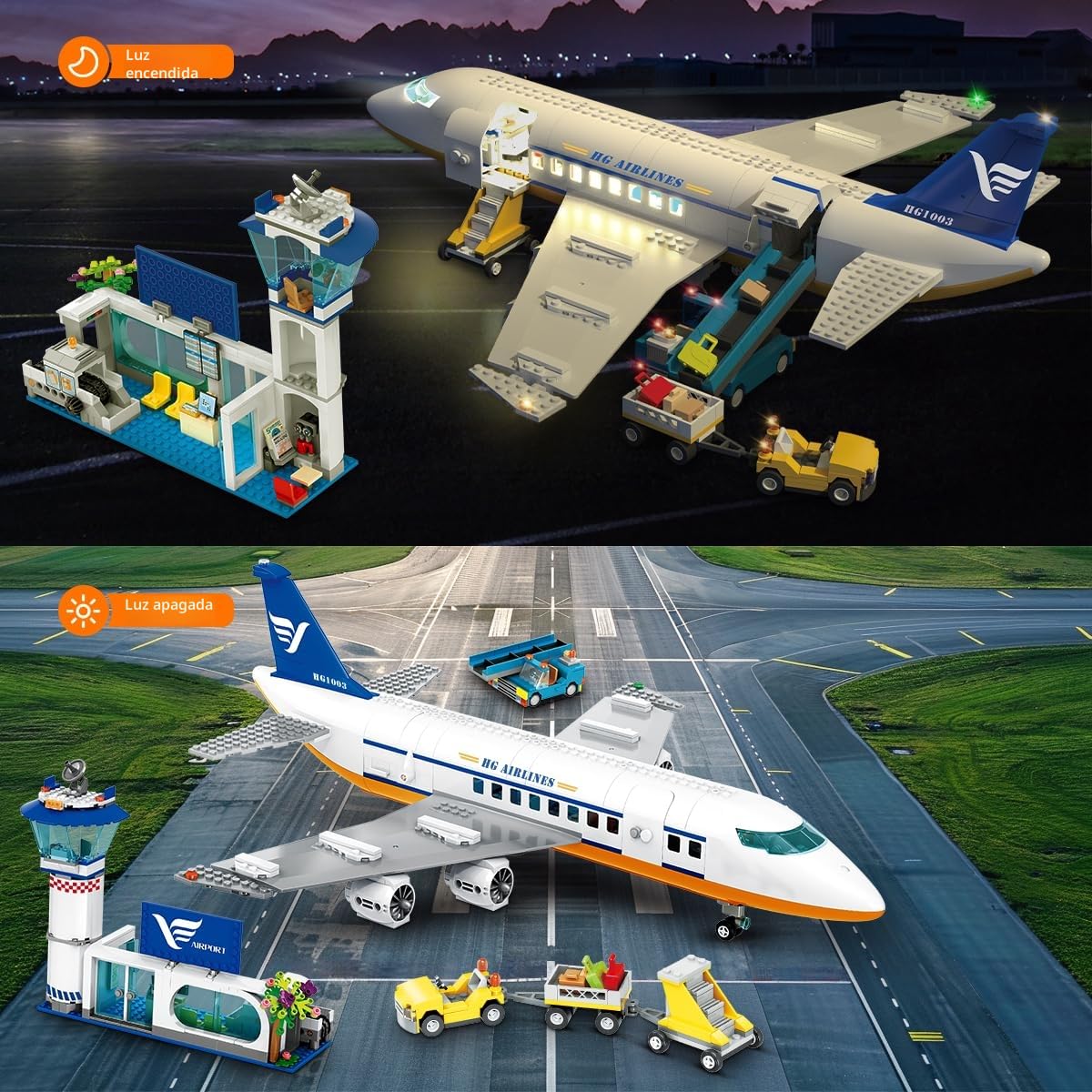HOGOKIDS Juego de construcción de avión de pasajeros Urbano con luz LED, 901 Piezas de Bloques de construcción de avión con Terminal, Torre de Radar, Remolque de Equipaje, Regalos para niños Adultos