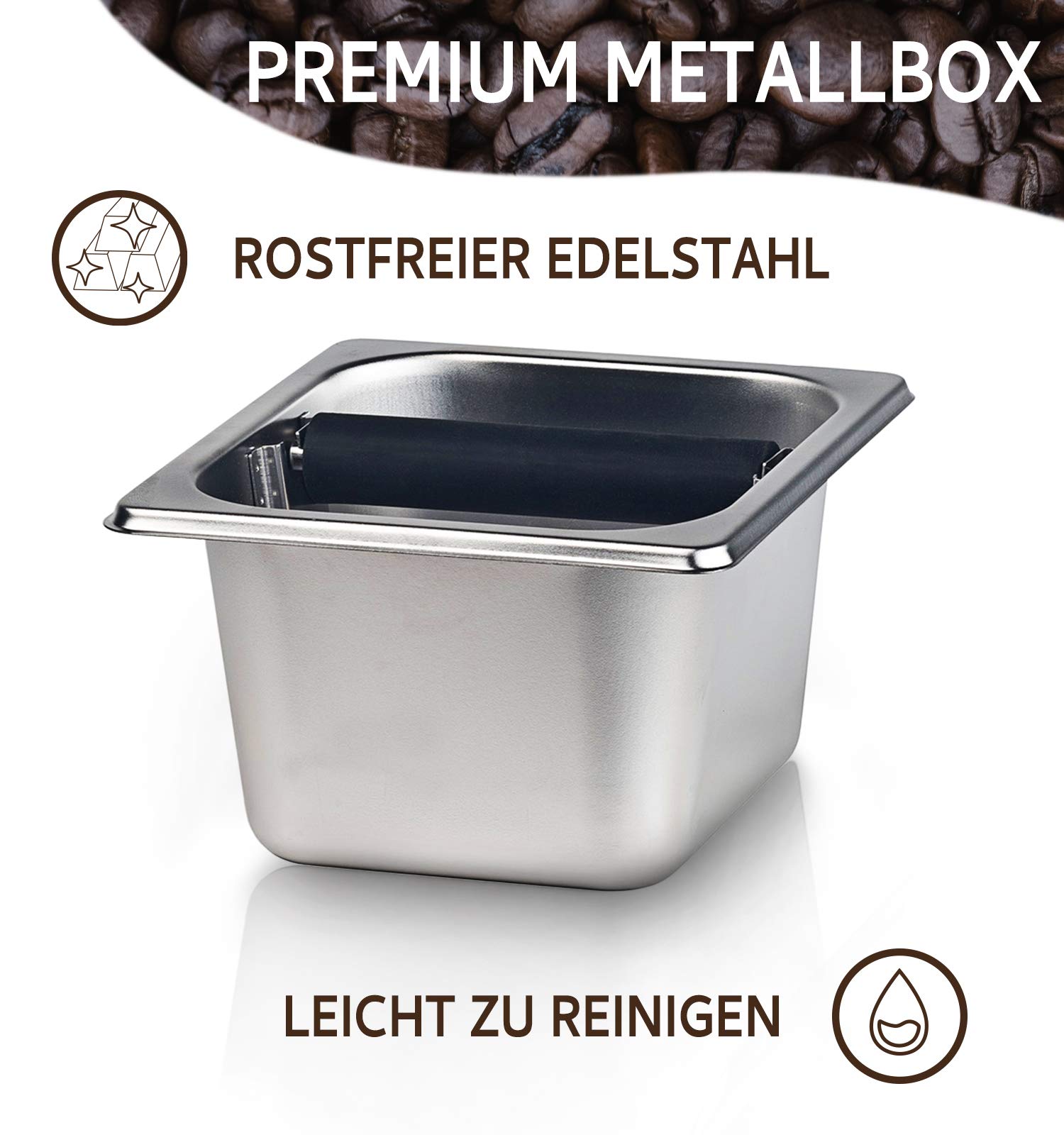 Abkopfbehälter für Siebträger | 3-teiliges Barista Zubehör Set aus Bambus Case, Edelstahl Knock Box & Herausnehmbarer Stange