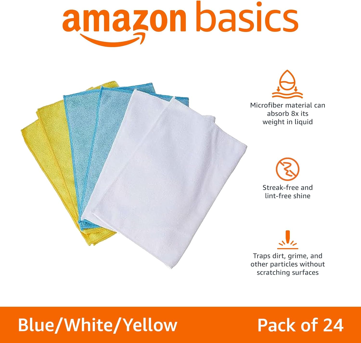 Amazon Basics Microfiber Cleaning Cloths, Ultra Absorbent, Lint Free, Streak Free, Non-Abrasive, Reusable and Washable, 16
