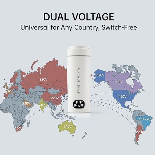 Miniatura 3 de Hervidor eléctrico portátil de doble voltaje, agua caliente de viaje para té, café, 6 controles de temperatura y pantalla LCD, acero inoxidable 316