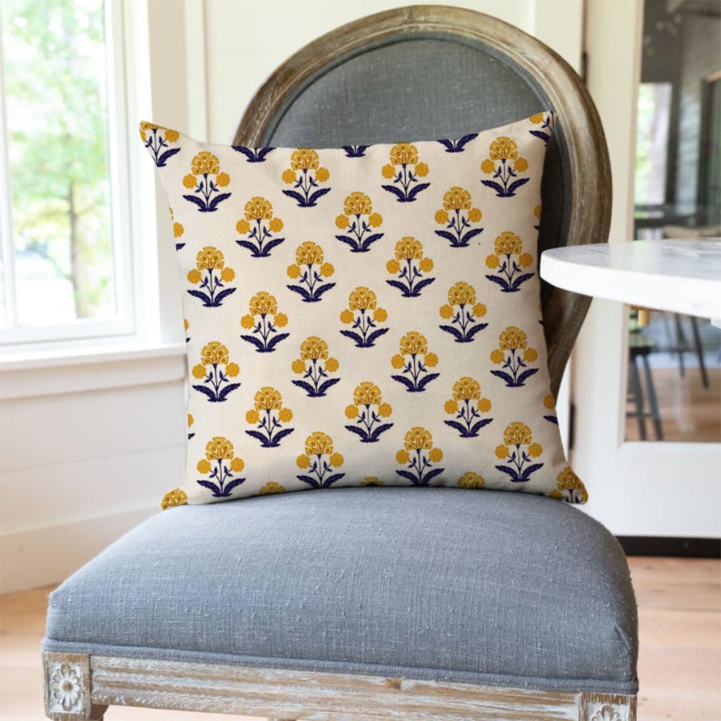 PANDICORN Block Print Throw Pillow Covers 20x20 Inch Set of 2 Yellow and Blue Vintage Boho Floral Outdoor Summer Decorations Decorative Throw Pillows Cases Covers for Home Living Room Couch Decor - Image 2