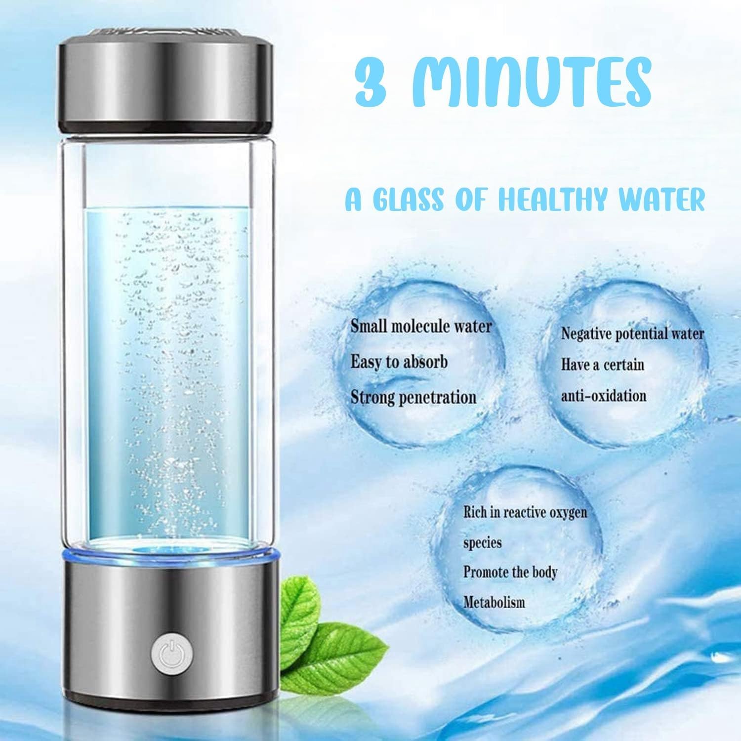 Hydrowata Hydrogen Water Bottle – Hydrowata Water Bottle,14oz Portable Rechargeable Hydrowata Hydrogen Water Generator, 6000+ Ppb for Enhanced Hydration