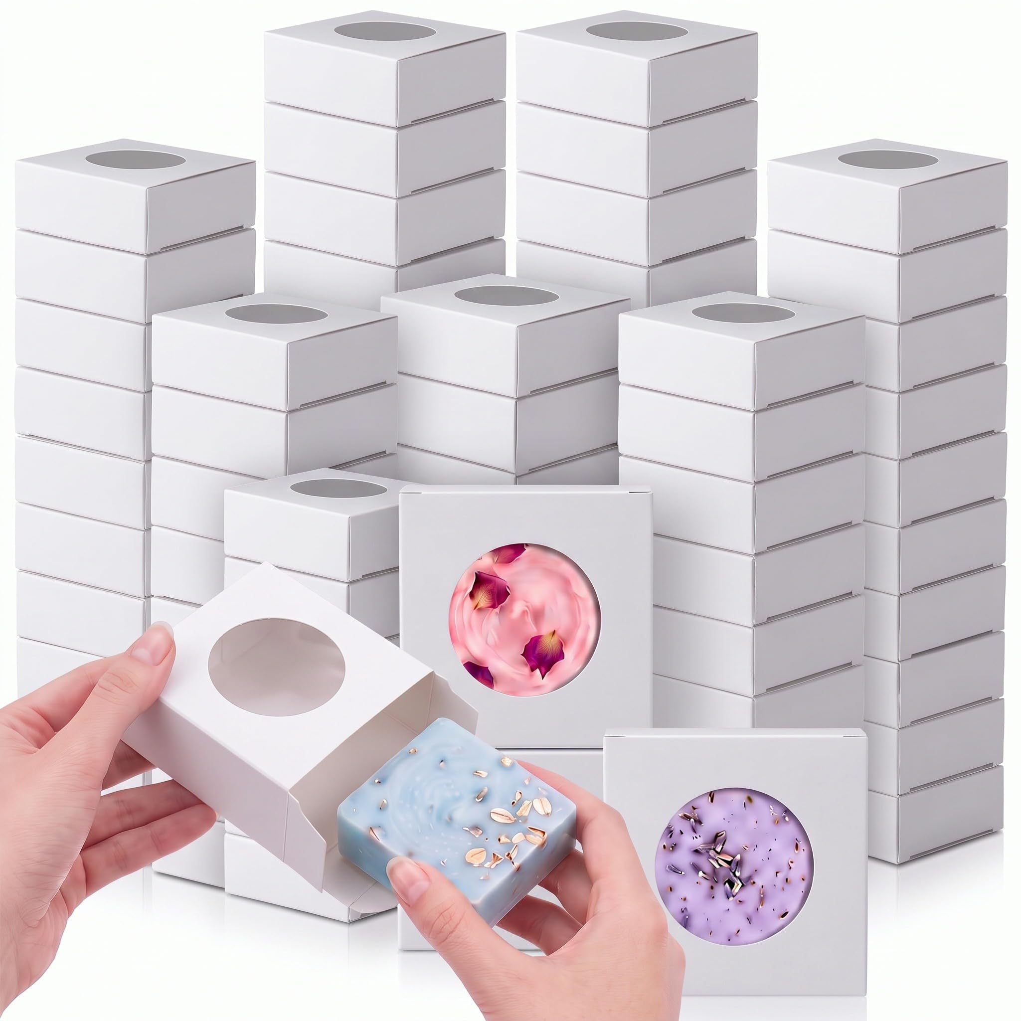 TaoBary 100 Pcs Soap Boxes for Homemade with Window, Round, White