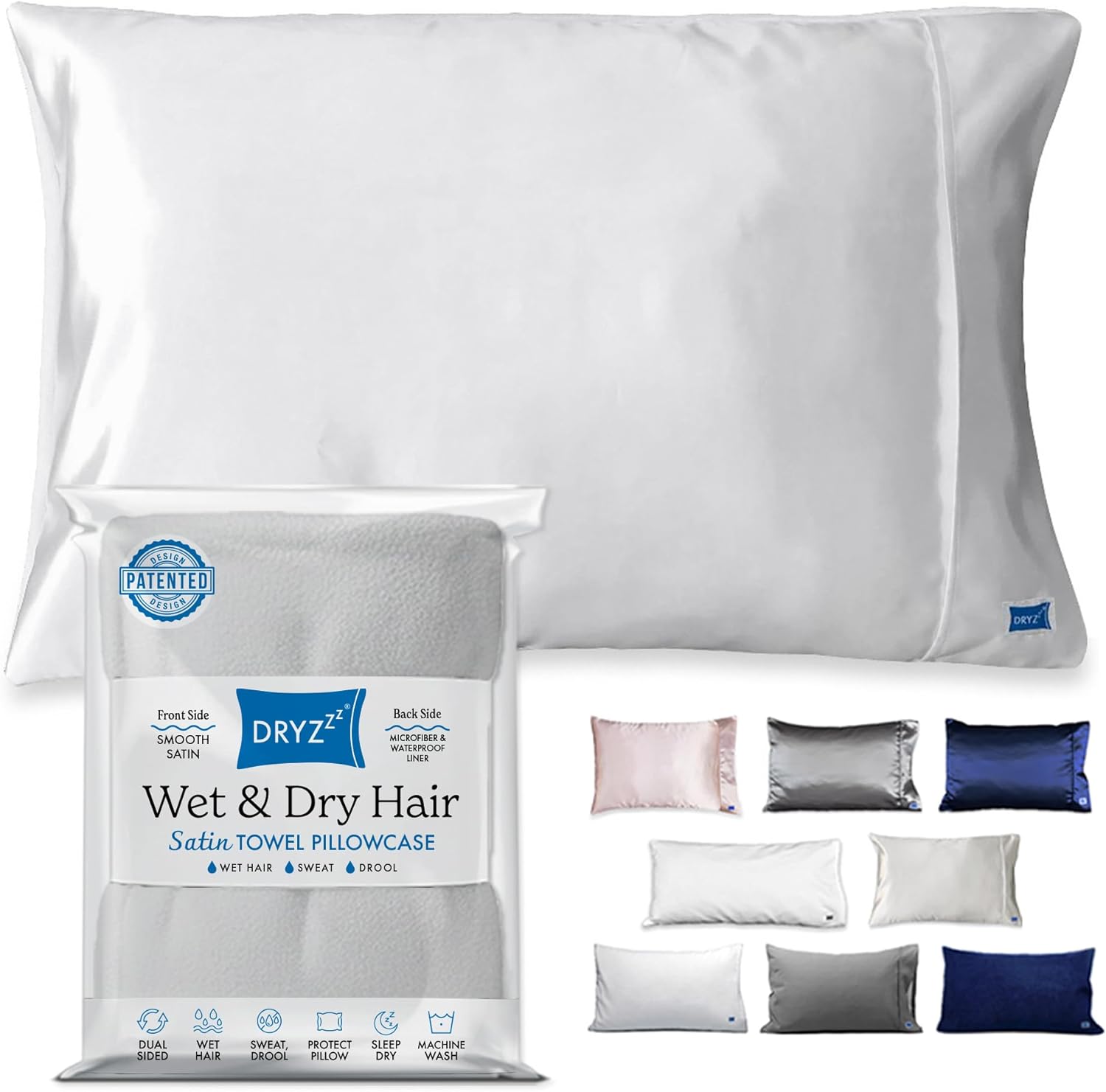 DryZzz Waterproof Pillow Protector Cooling Pillow Case 29"x19" 1pc White Standard Size, Absorbent Towel Pillowcase Dual-Sided Satin & Microfiber, Sweat Proof Pillow Cover, Hair Drying Pillowcase