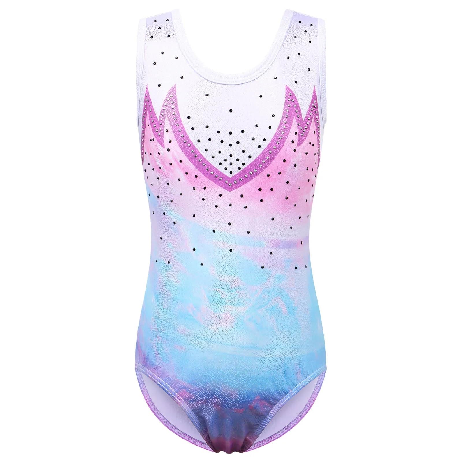 Maillot Gimnasia Ritmica Leotardo de Gimnasia for niñas, Ropa de Baile de Ballet de Color Degradado for Adolescentes, Mono de Lentejuelas sin Mangas, Traje de práctica, Mono(B278 Galaxy,12A)
