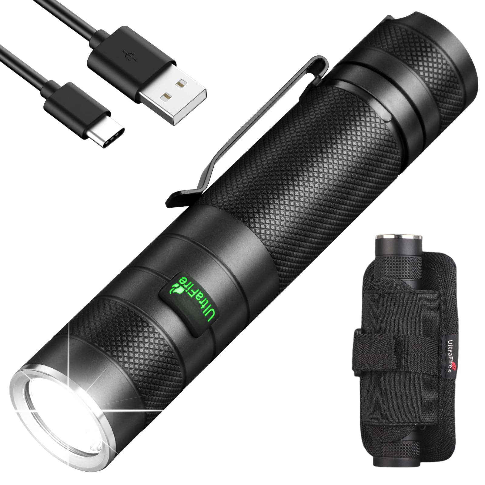 ULTRAFIRE 1200 Lumen Tactical Torch with Holster, USB-C Rechargeable LED Torch with Belt Pouch, 3 Modes Small EDC Flashlight for Camping Walking Outdoor