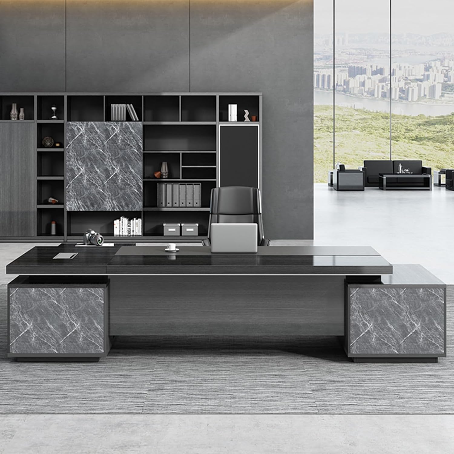 Grey L-Shaped Computer Desk Executive Office Desk with File Drawers Writing Study Table Business Furniture Set