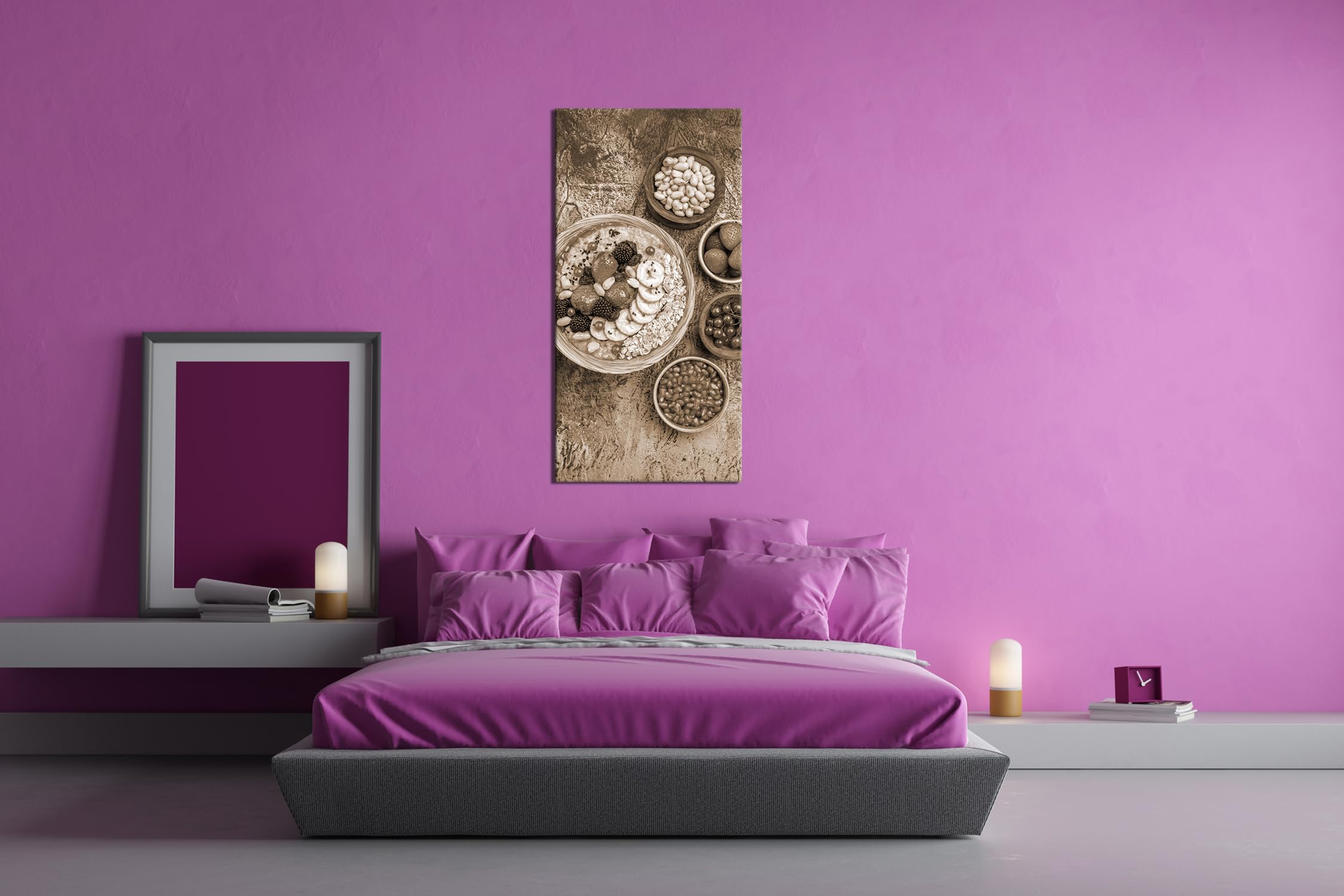 Miska z owocami, orzechami i płatkami owsianymi, zdrowe marzenie śniadaniowe. Panorama 100 x 50 cm Efekt: sepia jako obraz na płótnie, motyw oprawiony na ramie z prawdziwego drewna, wysokiej jakości