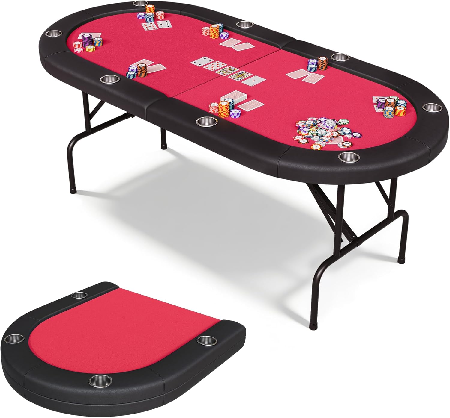 8 Player Oval Poker Table, 72" Foldable Card Table with Storage Bag, Professional Casino Grade Felt & Deep Metal Cup Holders - Portable Folding Game Tables for Texas Holdem, Blackjack, Red