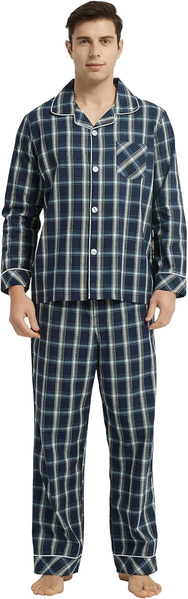 Vulcanodon Mens Cotton Pajama Set, Button Down Woven Pajama Set for Men Plaid Men's Sleepwear