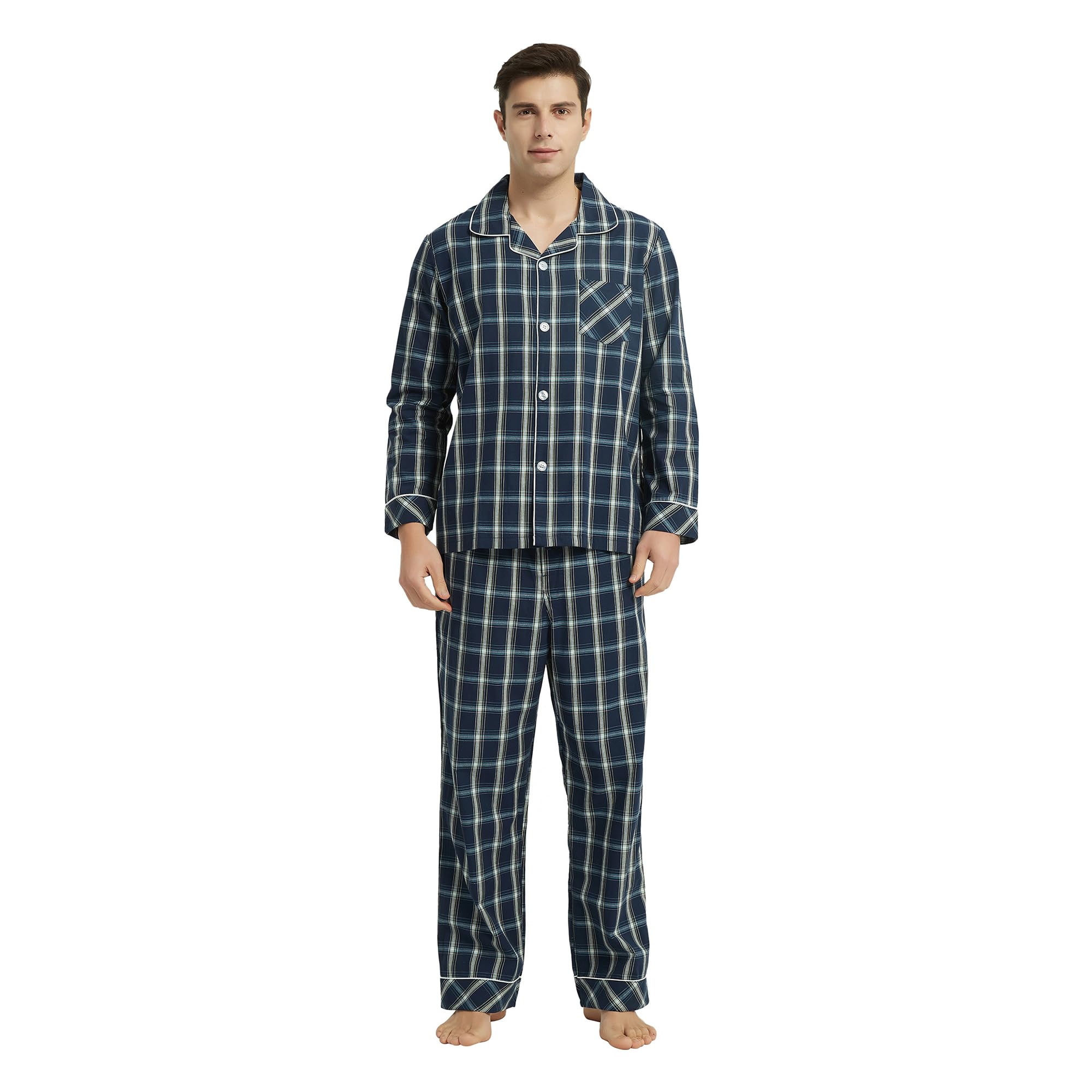 Vulcanodon Pyjama Herren 100% Baumwolle Schlafanzug lang Set kariert mit Knopfleiste weiche Nachtwäsche