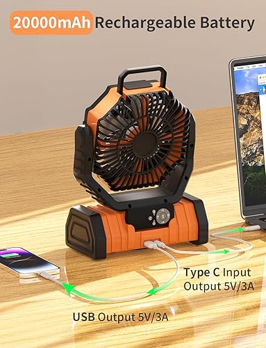 Miniatura 7 de Ventilador Operado por Batería Portátil con Batería para Acampar Ventilador de Tienda con Luz de Linterna LED 20000mAh Recargable, Oscilante, Gancho