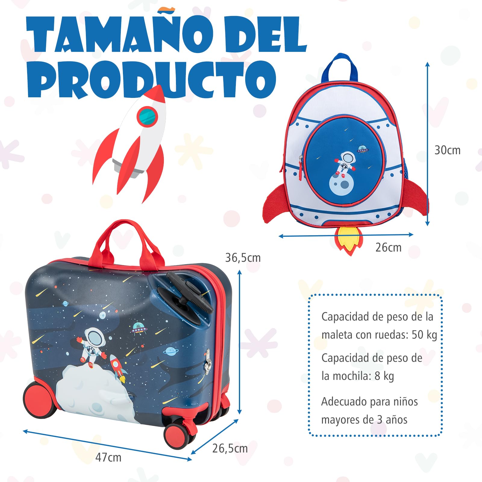 GOPLUS Maleta Infantil de 2 Piezas con Ruedas Giratorias, Equipaje de Viaje con Mochila, Juego de Equipaje para Niños Ride-on & Sit-on & Carry-on 47cm y Mochil 30 cm, Maleta de Cabina (Astronautas)