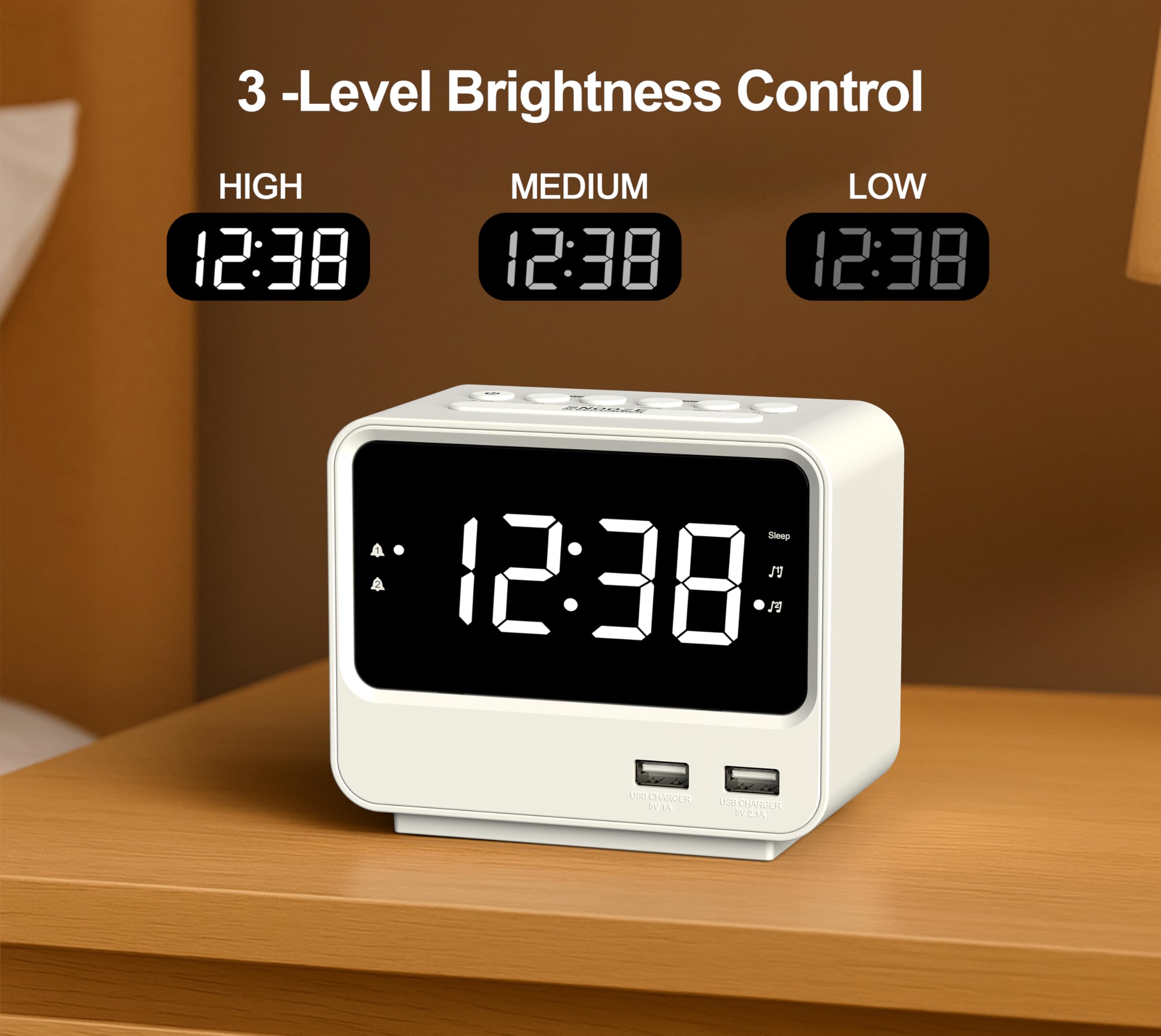 Radio-reloj Despertador para Dormitorios con Dos Puertos de Carga USB, Números Grandes con Brillo Ajustable, Radio FM Digital de Mesilla de Noche con Temporizador de Sueño, Volumen Ajustable, A23W
