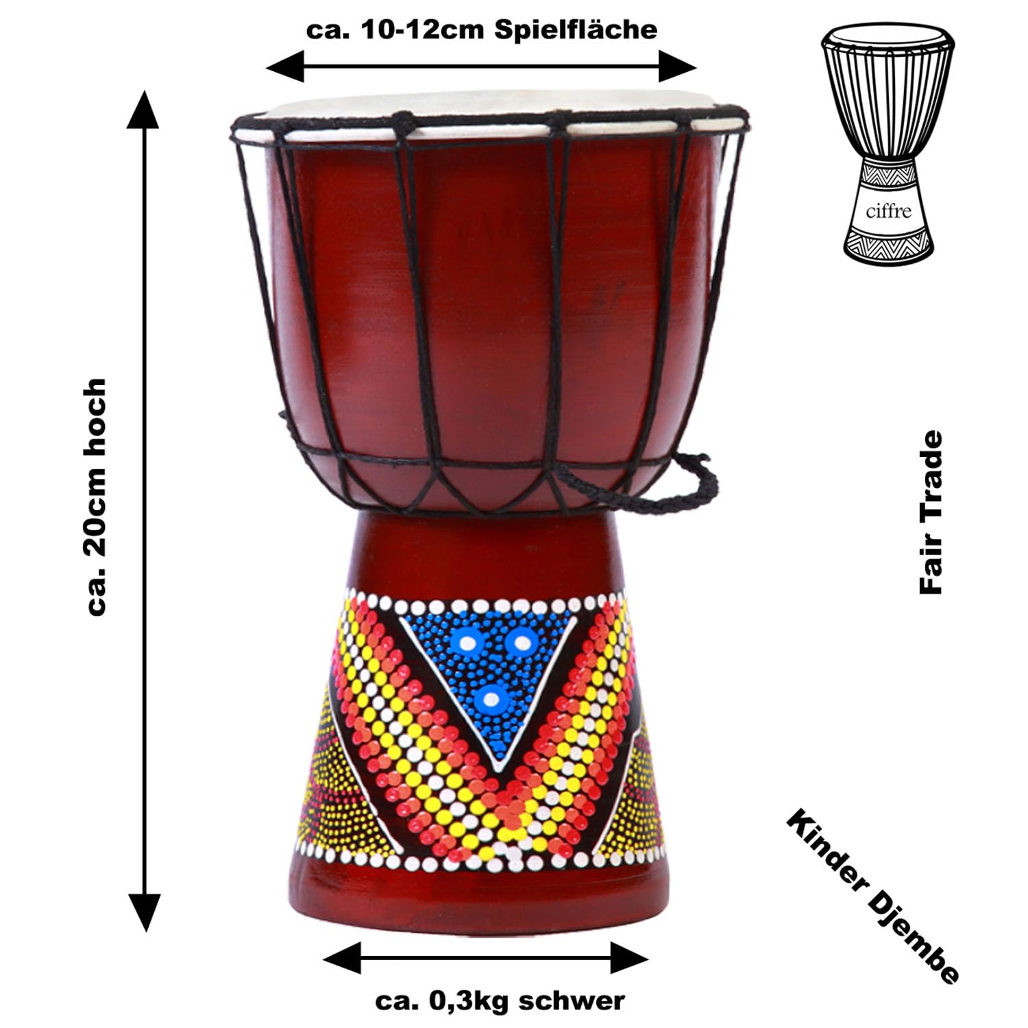 Tambor de tipo Djembe (para niños, 20 cm, 60 modelos, incluye instrucciones), 20cm Djembe Bunt Bemalt