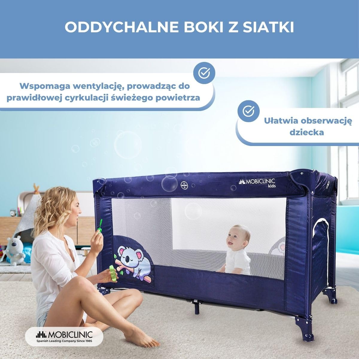 Mobiclinic®, Łóżeczko turystyczne, 2 w 1, Ultrakompaktowe składanie, Wyjmowany materac, Mofli, Do 15 kg, Oddychająca tkanina, Kojec dla dziecka, Kółka (ciemnoniebieski)