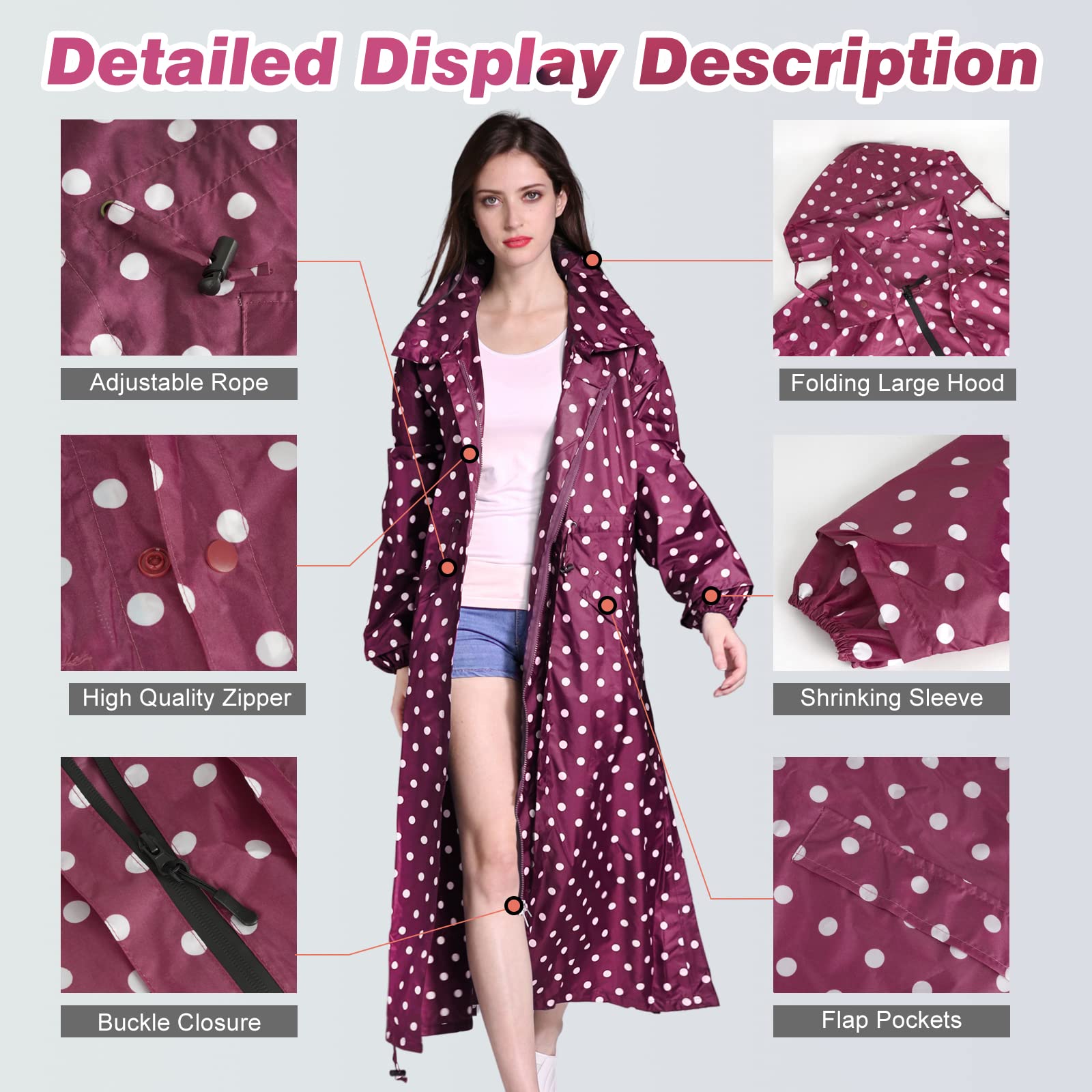 LAMA Manteau imperméable long élégant, vetement de pluie poncho de pluie unisexe avec poche à rabat imperméable, vêtements de pluie pour adultes, veste de pluie vêtements de protection contre la pluie