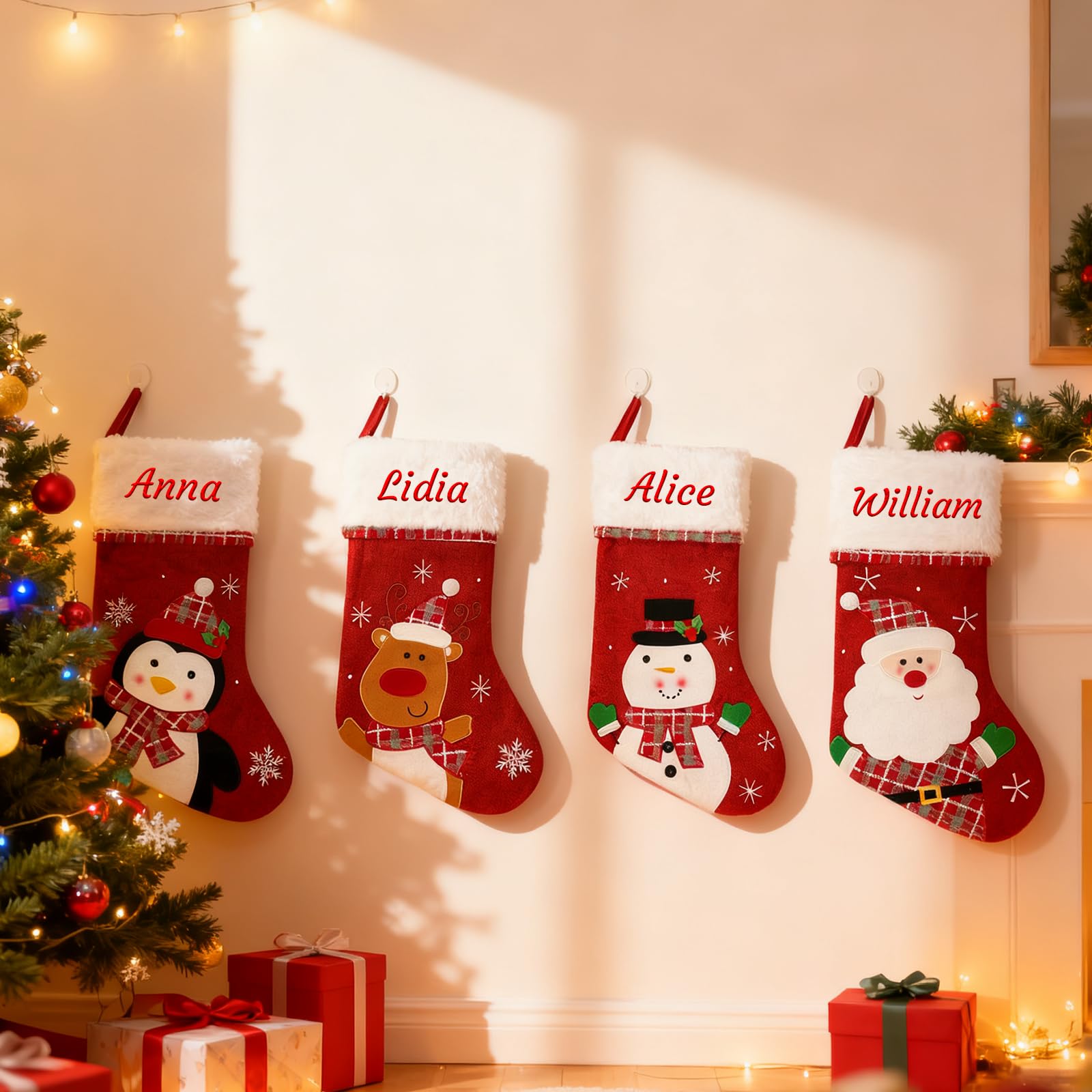 Personalized Christmas Stocking with Embroidered Name, 6 Pcs Custom Red Stocking Christmas- Santa| Snowman| Penguin| Reindeer Christmas Stocking- Large Christmas Decor for Family 44cm/17inch