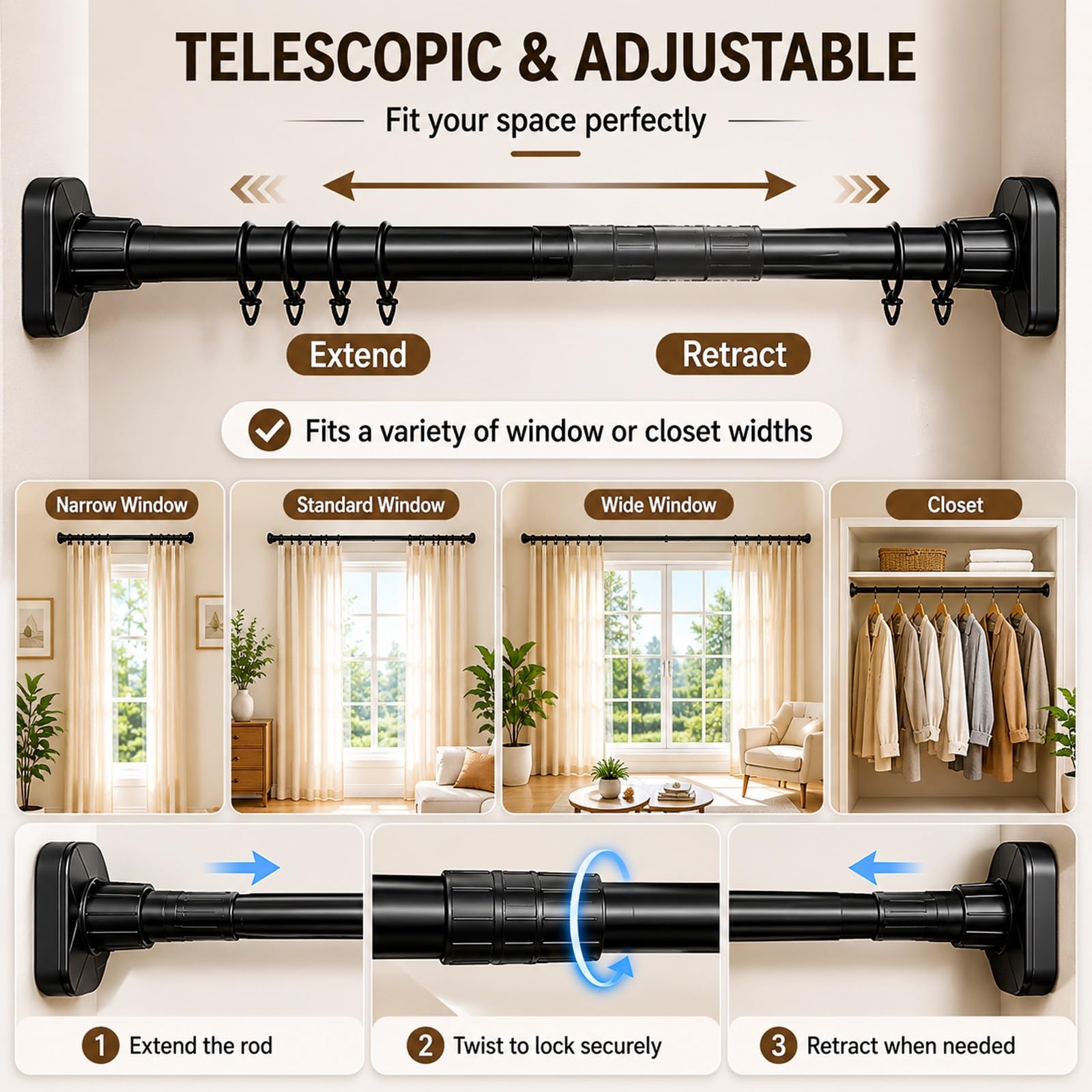 Bastone Tenda Doccia con 20 Anelli, da 50 a 520 cm, Bastone Tenda a Pressione in Acciaio Inox Antiruggine, Non Necessita di Foratura, Adatta a Finestre e Armadi(Black,210-310cm/83-122in)
