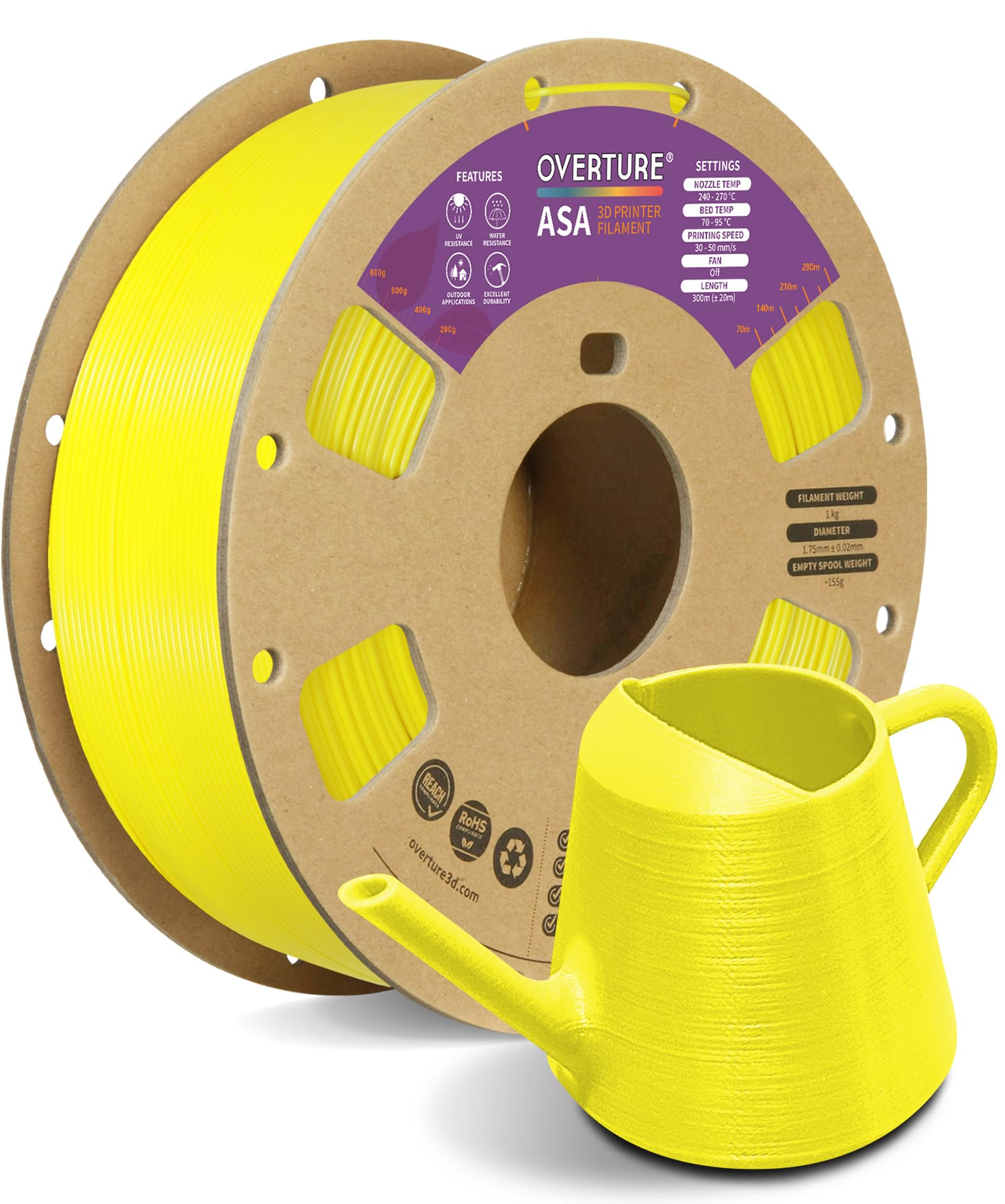 OVERTURE ASA Filament 1.75mm, Spule 1kg (2.2lbs), Maßgenauigkeit +/- 0.03 mm, für 3D Drucker (Gelb)