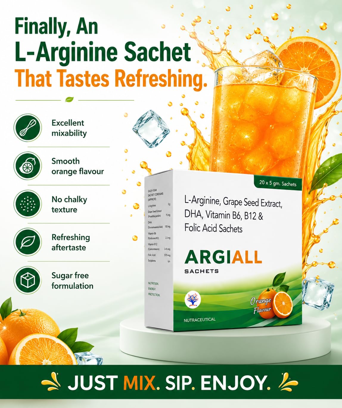 L-Arginine Sachets 3gm with DHA, Grape Seed Extract, Folic Acid, Vitamin B6 & B12 | Sugar Free Orange Flavour Energy & Circulation Drink Mix | Supports Blood Flow, Fatigue, Pregnancy Nutrition & Heart Wellness | 20 Sachets — Amazon image 5