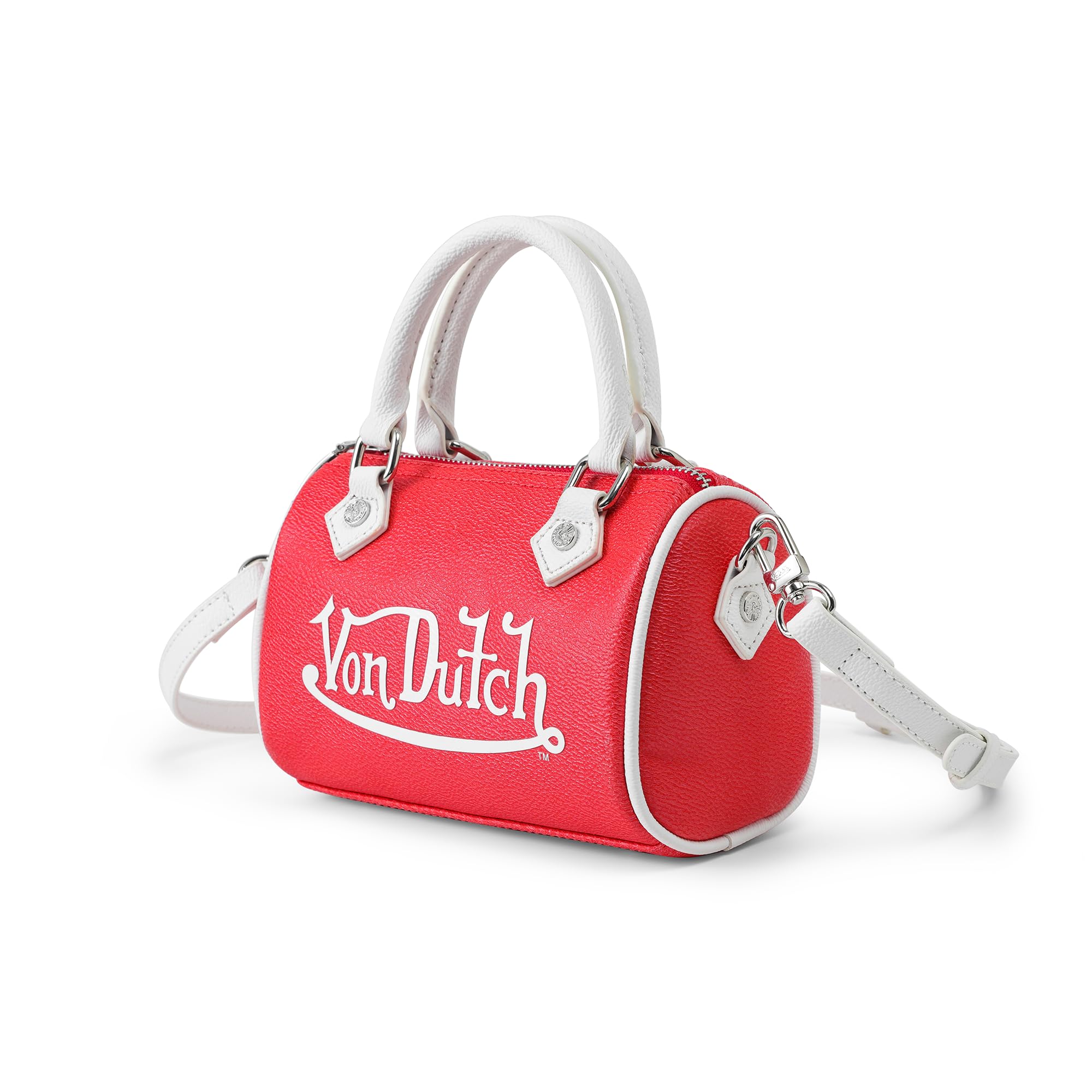Von Dutch Core Hanna Bag | 6.5” Vegan Leather Mini Crossbody with Logo Hardware, Top Handles & Branded Interior Pouch, Red and White