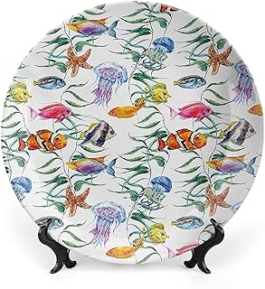 XISUNYA 10 Inch Decorative Plate, Jellyfish Dinner Plate, Tropical Coral Reef with Seaweed Algae Jellyfish Aquatic Print Ornament Display Plate Decor Accessory for Dining, Parties, Wedding