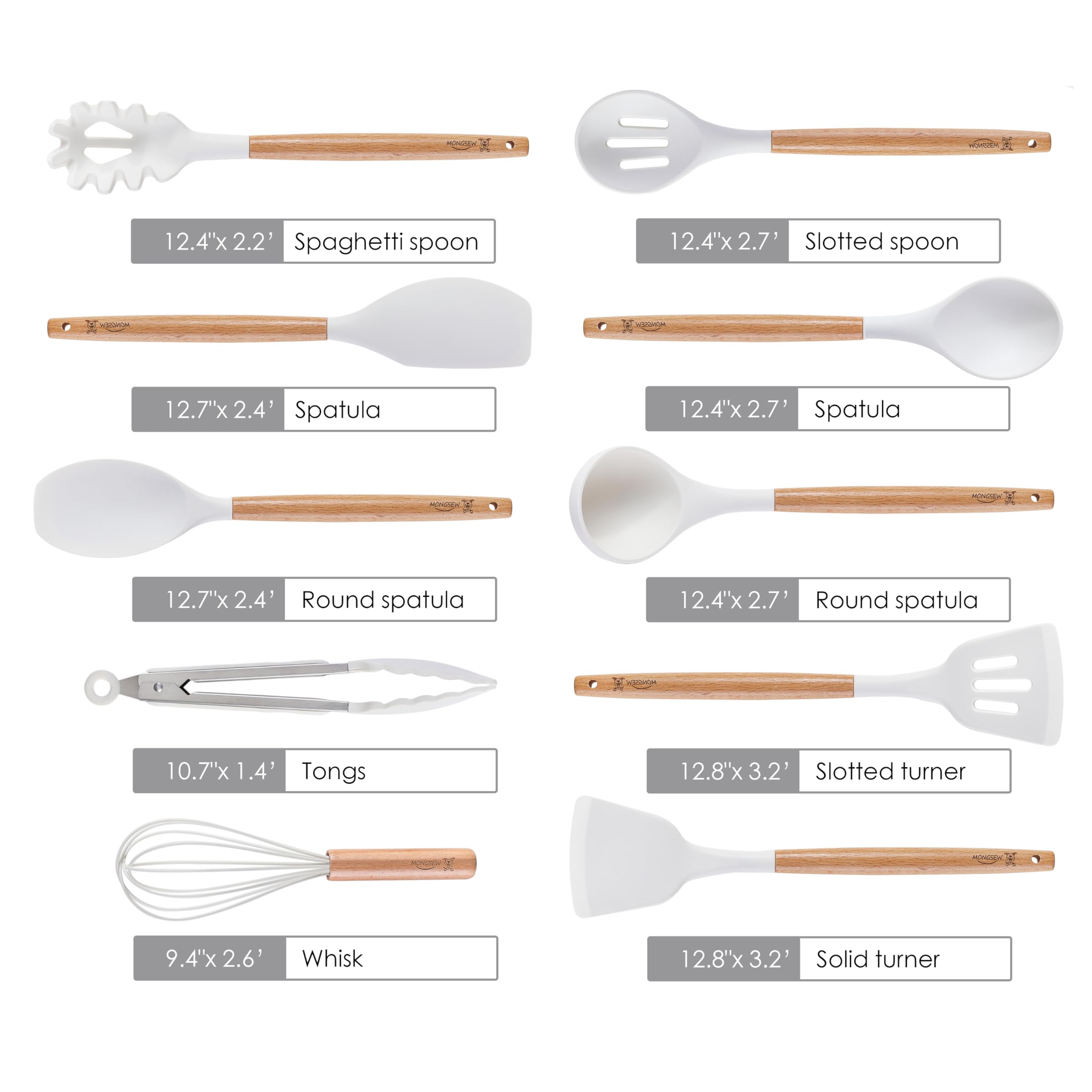 MONGSEW - Juego de utensilios de cocina de silicona, resistentes al calor, con mango de madera, espátula, cuchara, pinzas, batidor (blanco, patrón de perro sonriente)