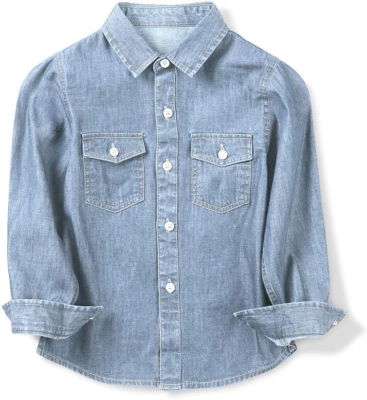 OCHENTA Boys Denim Button Down Shirt Long Sleeve Lightweight Chambray Tops