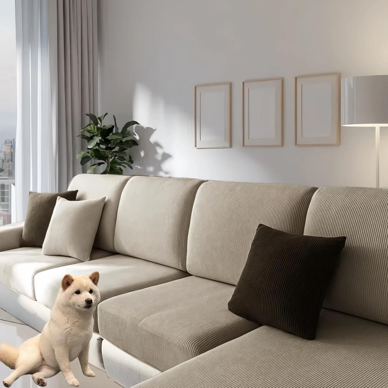 Housse de canapé extensible khaki pour canapé sectionnel animaux admis