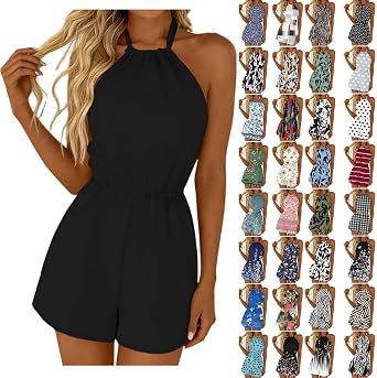 Rompers for Women Casual Halter Neck Backless Summer Sexy Beach Dressy 2026 Boho Floral Printed Jumpsuit Shorts