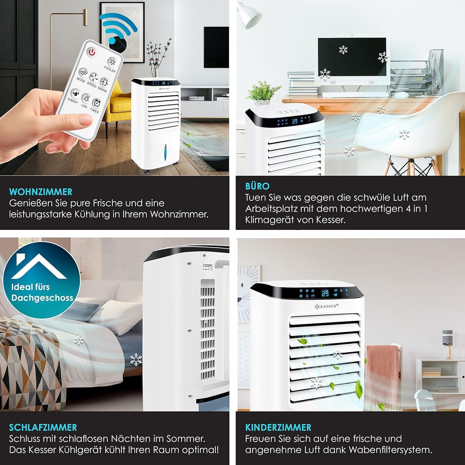 KESSER® Mobile Klimaanlage 4in1 Luftkühler – Air Cooler mit Fernbedienung & Timer, 10L Wassertank, Ionisator & Luftbefeuchter, Ventilator Klimagerät ohne Abluftschlauch, 3 Stufen inkl. Kühlakkus