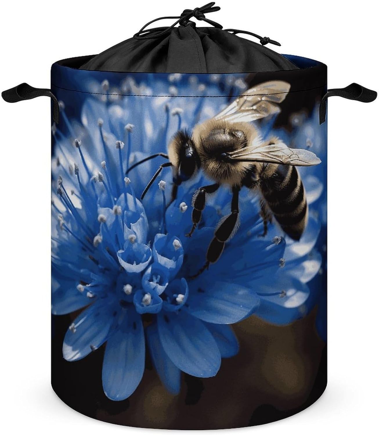 Blue Flower Bee Laundry Basket Collapsible Clothes Hamper with Reinforced Handles Large Capacity Waterproof Laundry Bag Freestanding Laundry Hamper for Bedroom Bathroom