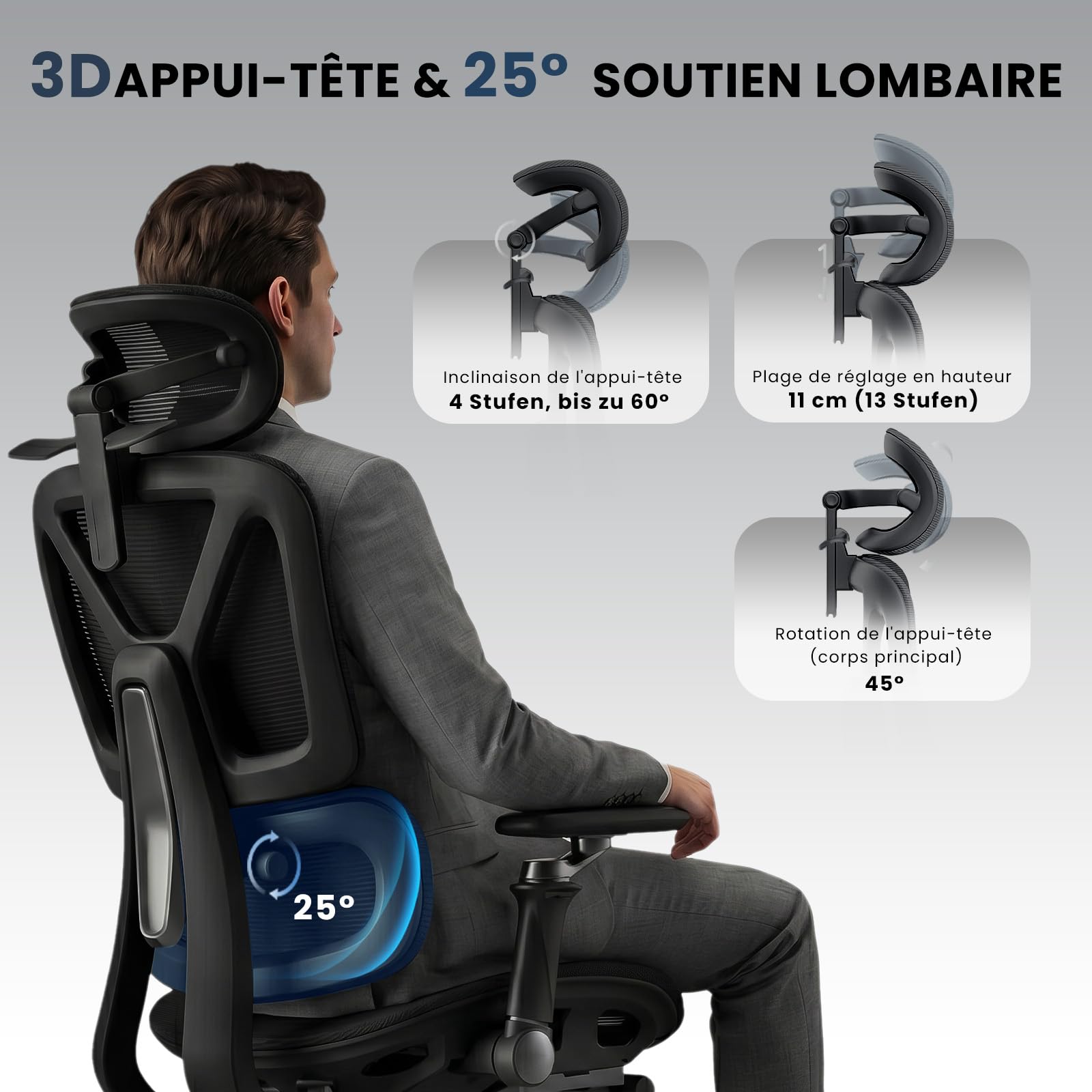Chaise Bureau Ergonomique Accoudoirs 6D Soutien Lombaire Noir