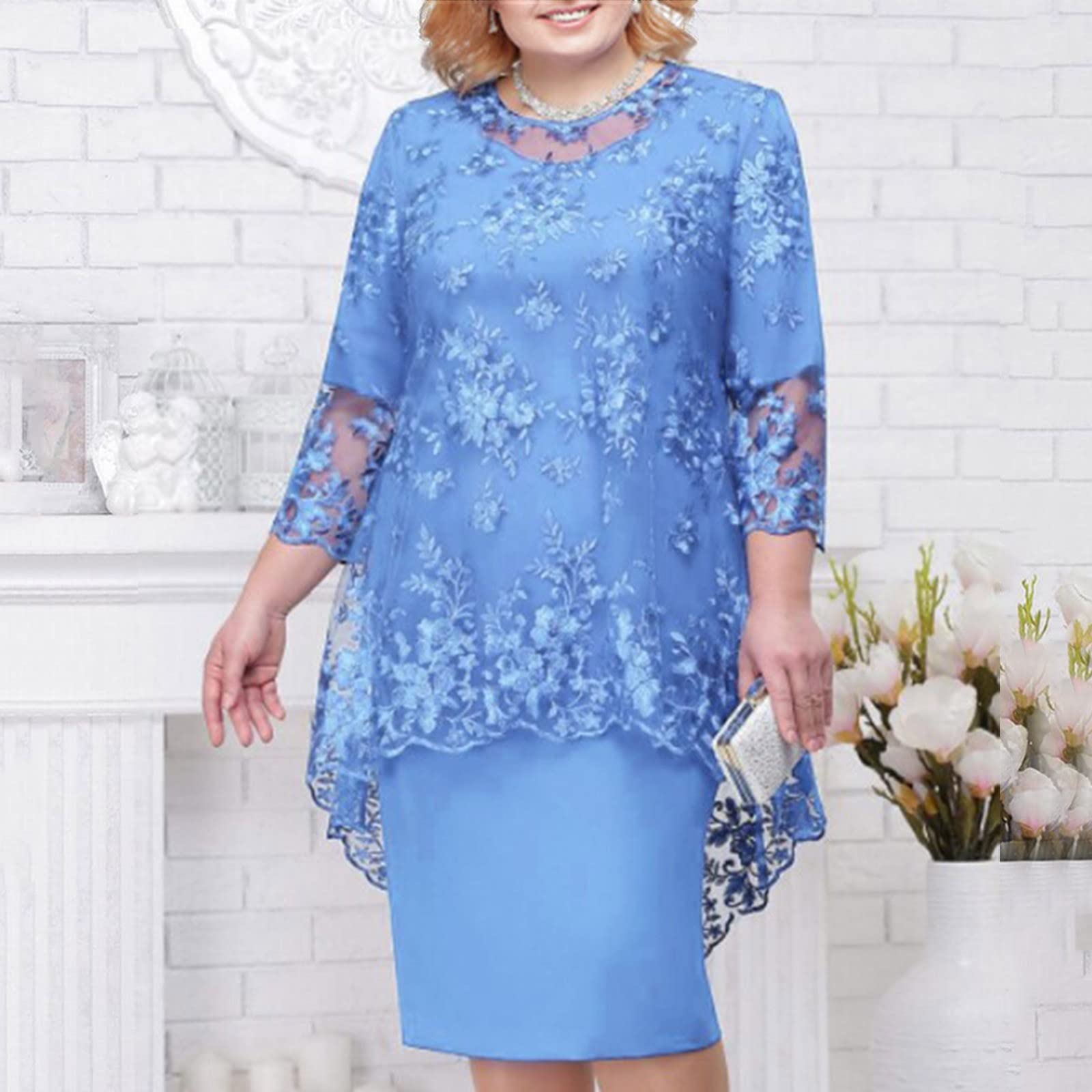 Vestido de noche elegante con encaje bordado de media manga para mujer, vestido casual de fiesta, vestido de noche