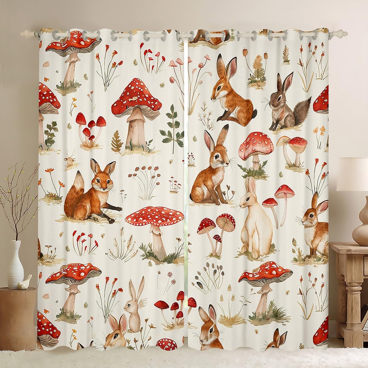 Cartoon Mushroom Window Curtains 2 Panels 38Wx54L Cute Rabbit Fox Watercolor Animals Window Drapes for Kids Boys Girls Teens Lovely Red Mushroom Leaves Jungle Style Curtains for Living Room