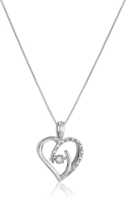 Amazon Collection 1/10 Carat Dancing Diamond Heart Pendant Necklace for Women in Sterling Silver with 18 Inch Box Chain (0.1cttw, J-K Color, I2-I3 Clarity)