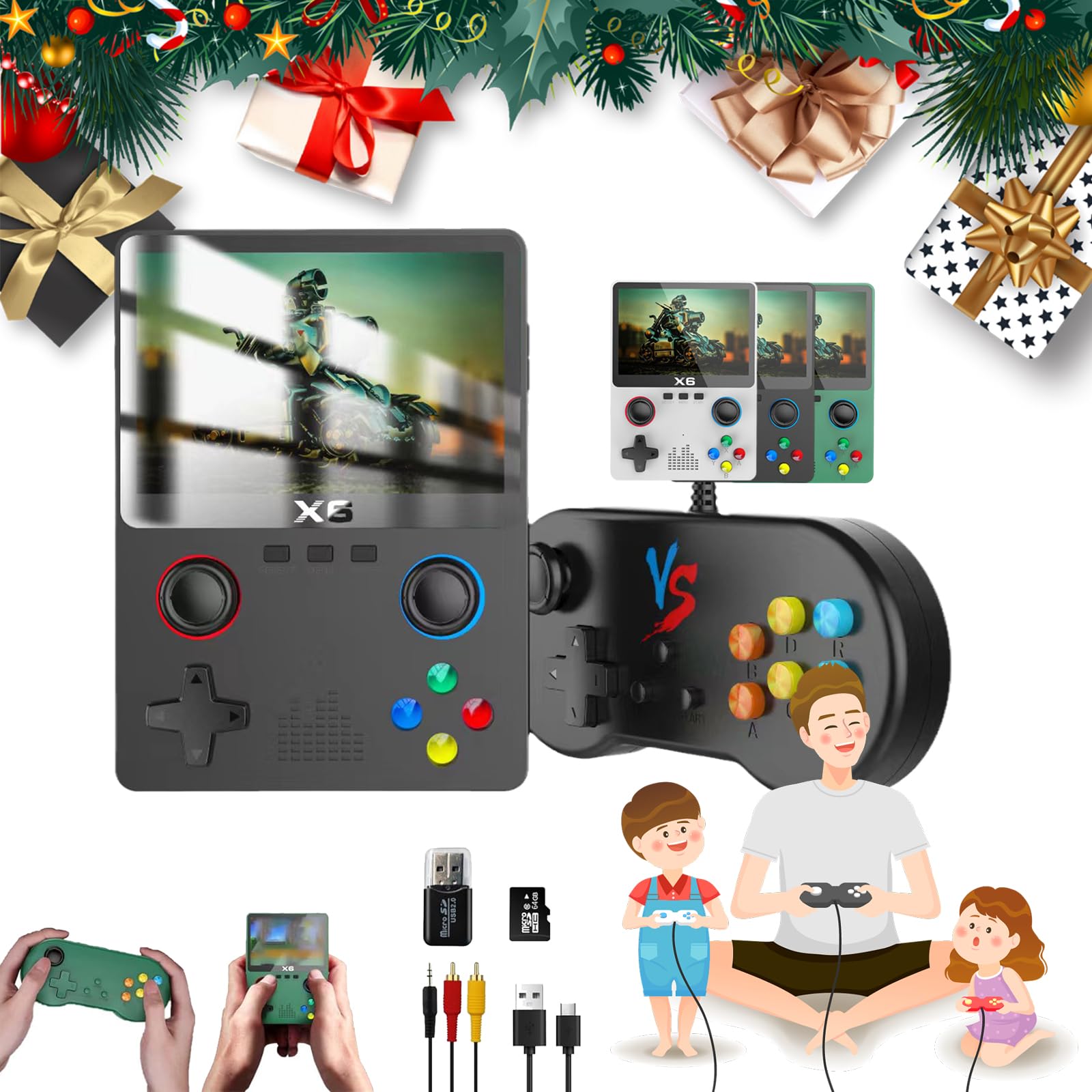 X6 Game Console,Two-player X6 Portable Game Console,X6 Handheld Game Console,Handheld Retro Game Console X6 With 64G TF Card,Preloaded 10000+ Games,Support 2 Players Play Games (Double-Black)