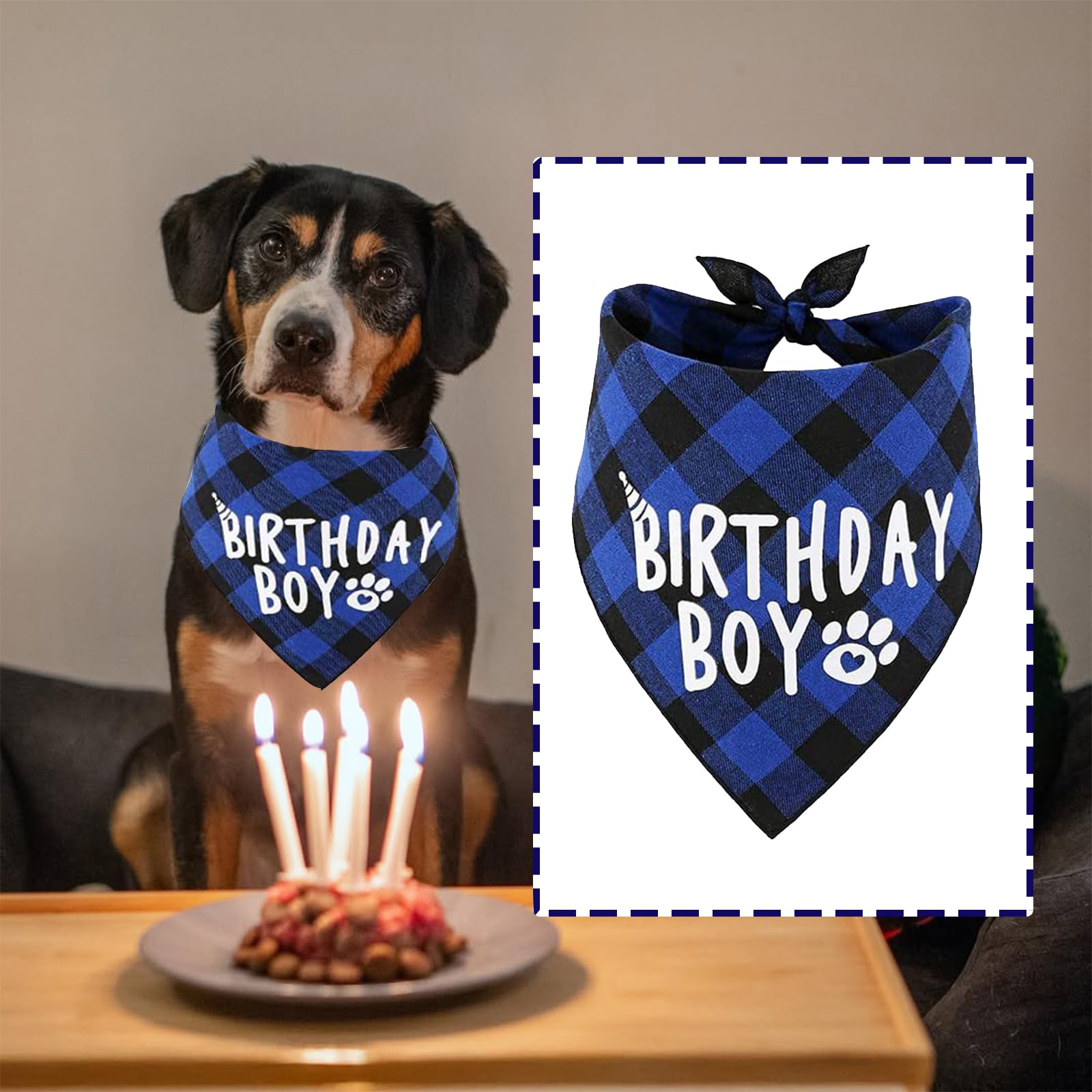 Dog Birthday Bandana, Plaid Dog Bandanas for Birthday Boy, Exquisite Double-Deck Bandanas for Cats Dogs Birthday Bib Handkerchief Accessories for Pets