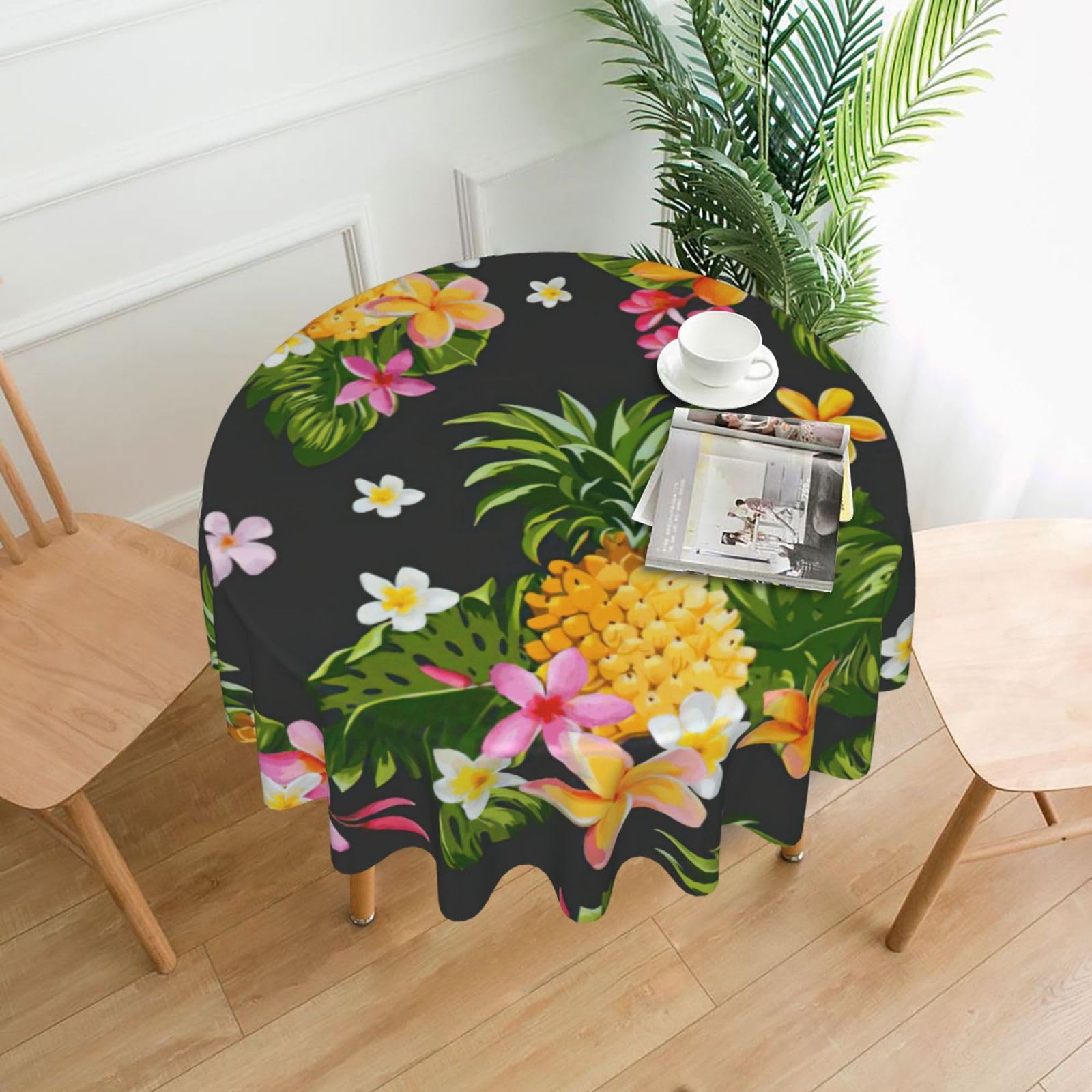 SDEGTHO Tropical Pineapple Hawaiian Print Modern Retro Round Tablecloth 60in Polyester Fabric Cover for Party Dining Table Washable