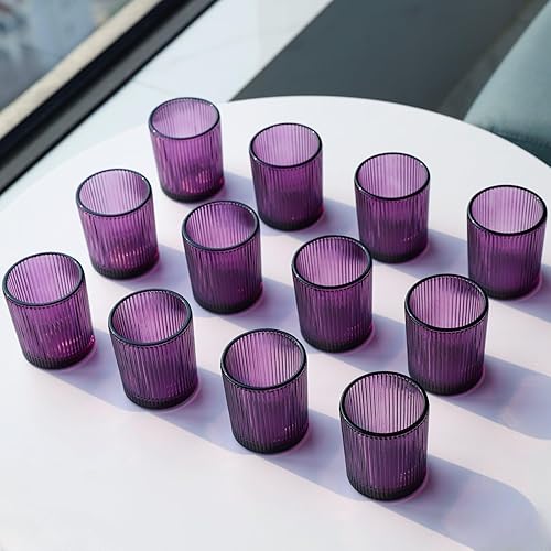 Miniatura 9 de VOHO Juego de 24 portavelas votivas de cristal morado para bodas temáticas, fiestas, portavelas acanalado para velas de té y velas votivas (2.1 x