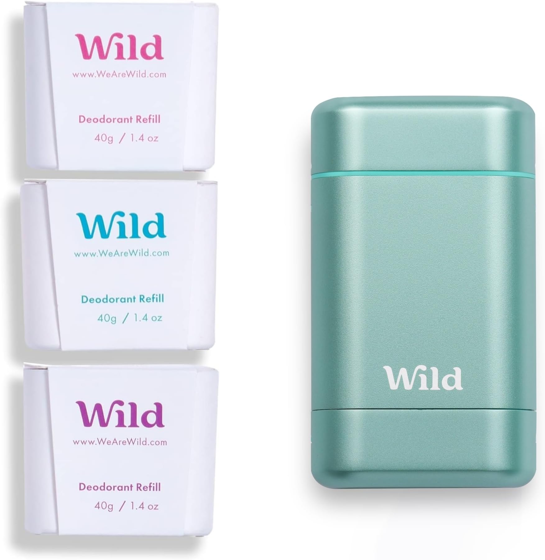 Wild - Natural Refillable Deodorant - Aluminium Free - Aqua Case with Refill Variety Pack (3 x 40g) - Includes Fresh Cotton & Sea Salt, Jasmine & Mandarin and Coconut & Vanilla Scents - Vegan