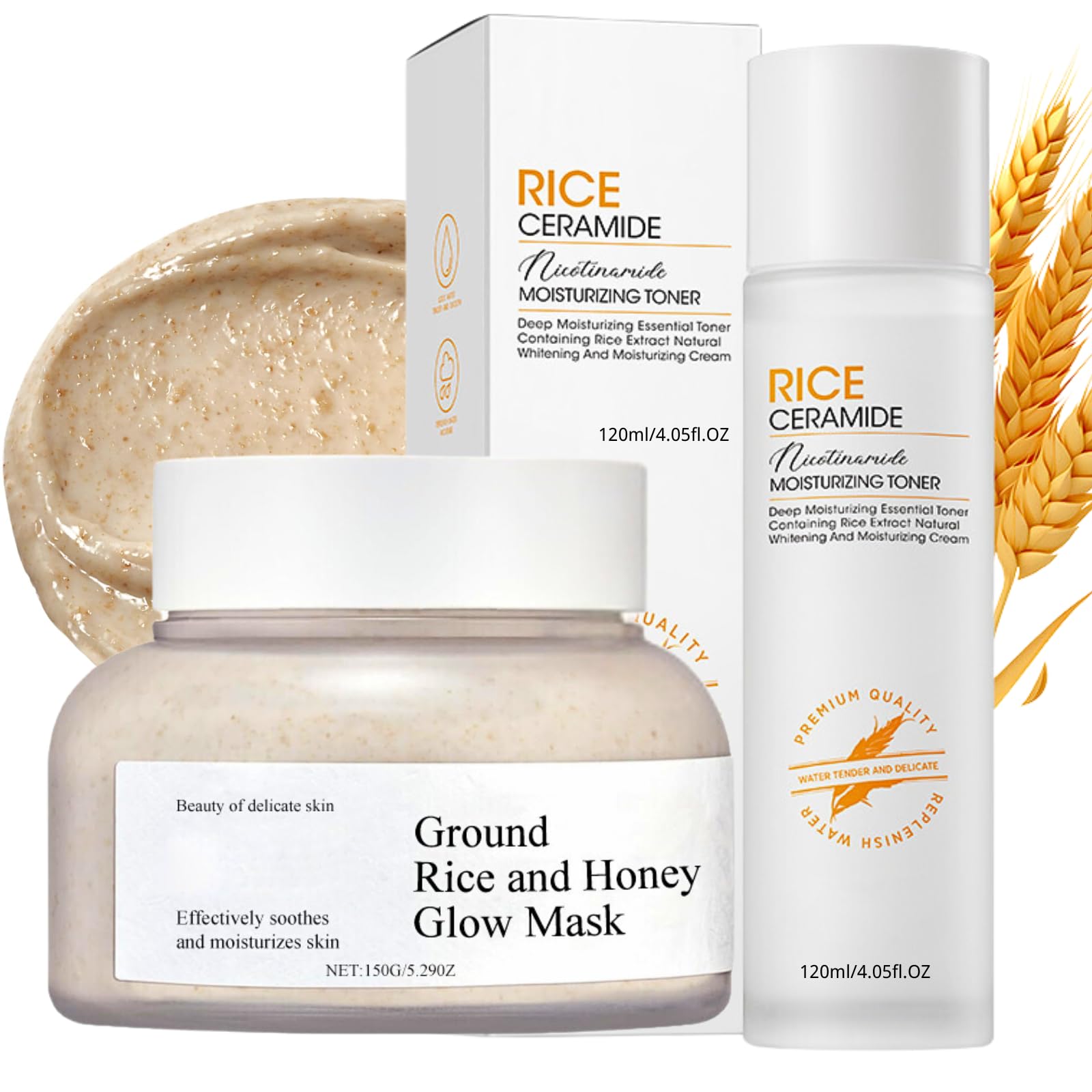 Rice Pure Skin Care Sets & Kits, Glass Skin Care Gift Set, Gentle Skin Cleaning & Care Facial Kit With Ground Rice And Honey Glow Mask & Rice Toner, Moisturise, Repair, Brighten, Korean Skincare, 2PCS