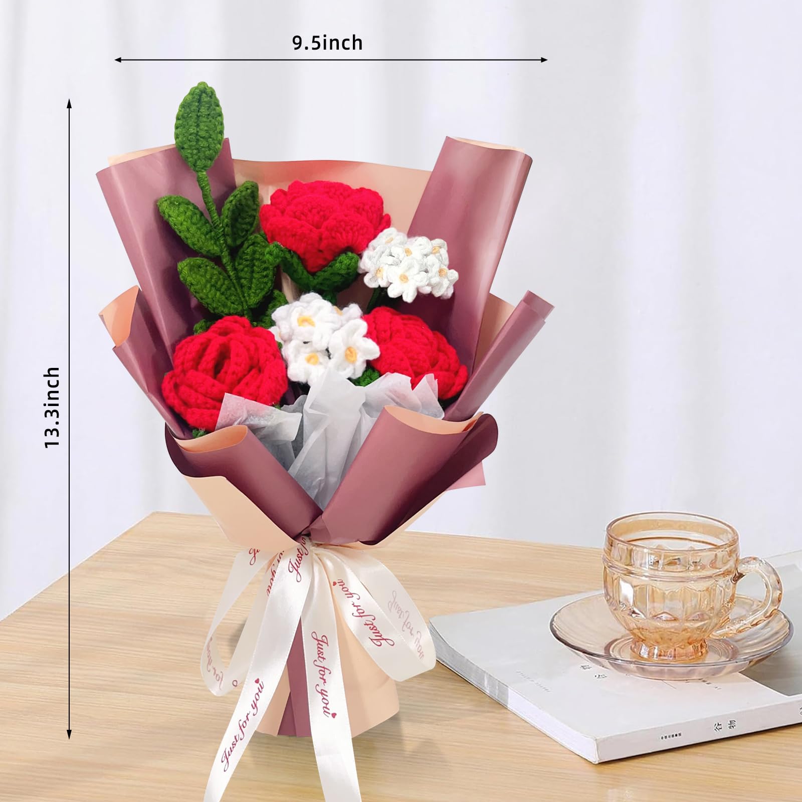 Crochet Rose Flower Bouquet, Red Rose Forget Me Not Knitted