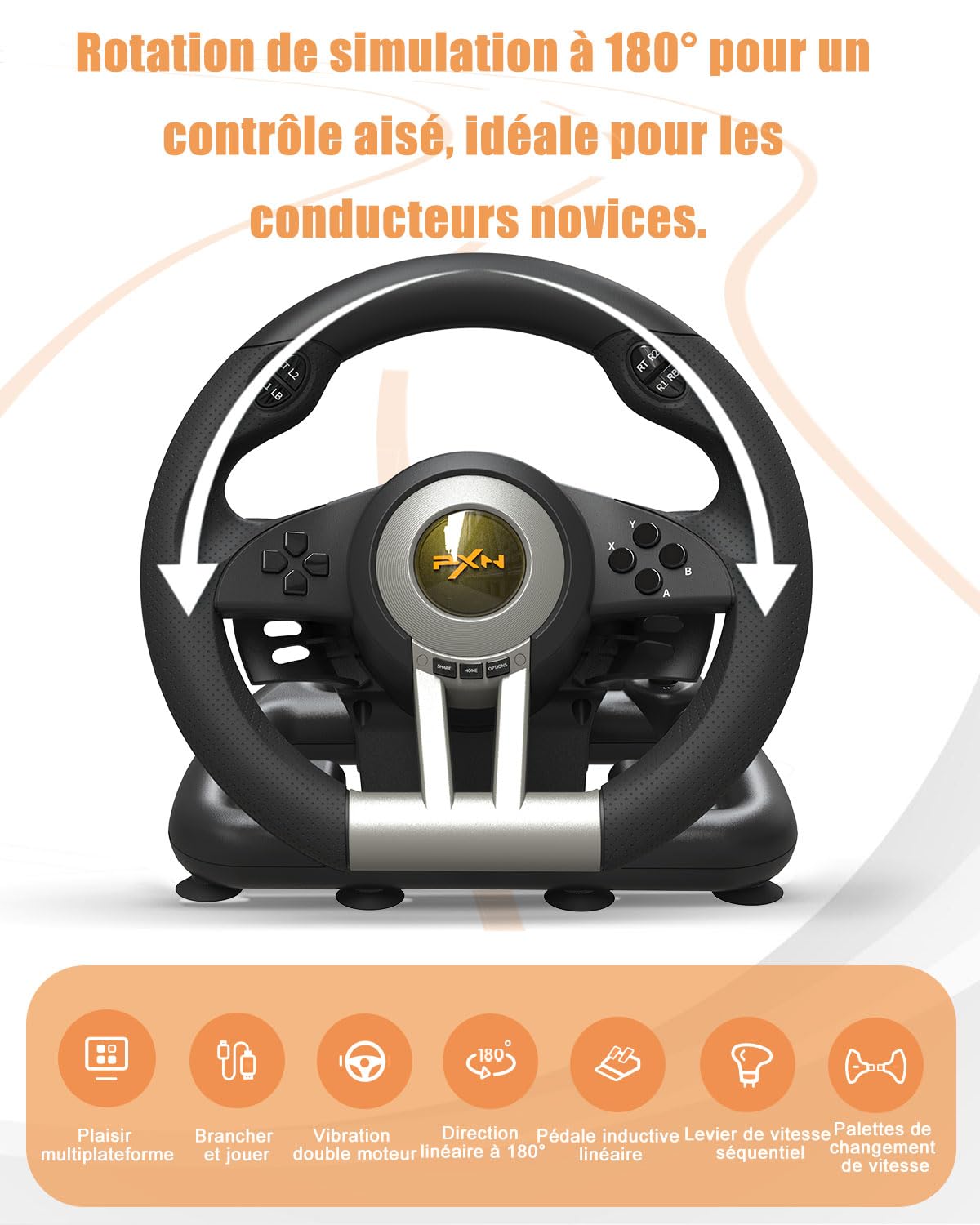 PXN V3 Pro Volant de Jeu avec Pédales - 180°, Retour de Vibration, Levier de Vitesse Intégré, Palettes de Changement de Vitesse - Volant pour PC, PS4, PS3, Xbox et N Switch - Noir