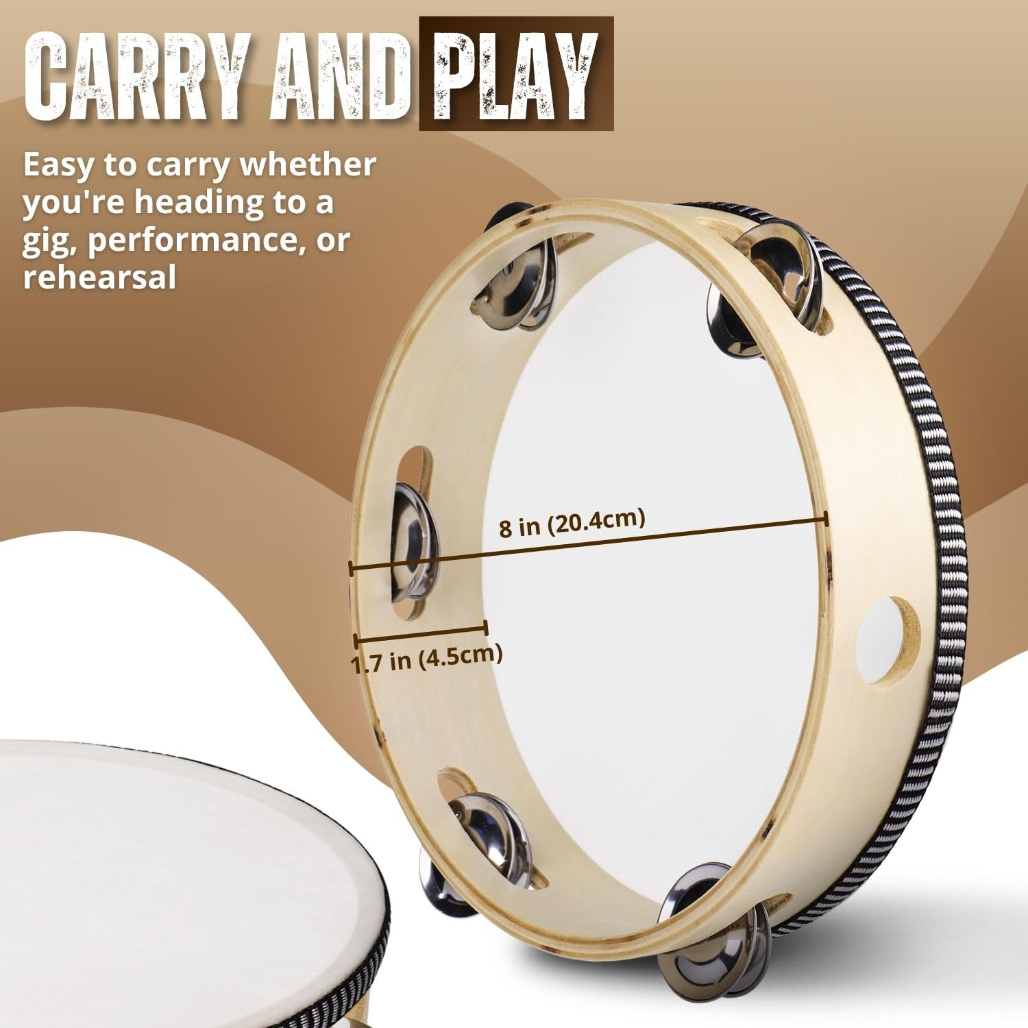 Flexzion Tamburin, Handtrommel mit Handgriff - 2er-Pack, 20cm Schellenkranz in Mond-Form aus Holz, Musik Schlaginstrument, 1-reihige Schellenring mit 5 Paar Metall Schellen, Schlagzeug, Beige