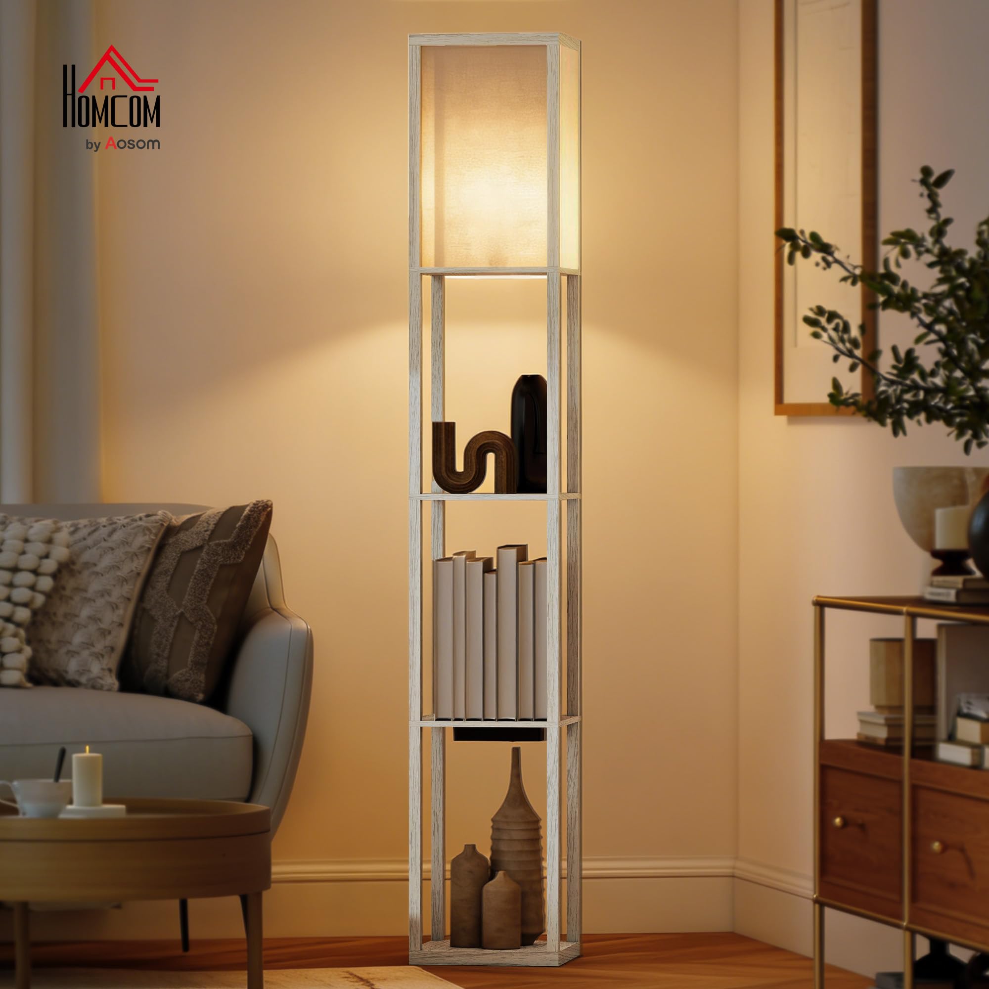 HOMCOM Lampada da Terra LED con Ripiani, Lampada Moderna con Interruttore a Pedale e Porte USB, Temperatura della Luce Regolabile per Soggiorno e Camera da Letto, Bianco e Rovere